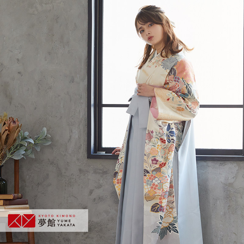 【レンタル】袴 レンタル 卒業式 女 袴セット 振袖＆袴〔RR737〕「クリーム×グレー 四季百花」 フルセット 貸衣装 女 レディース 送料無料