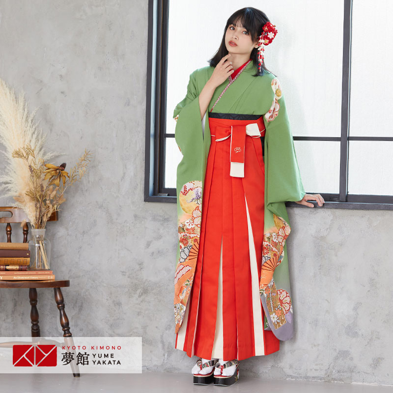 【レンタル】袴 レンタル 卒業式 女 袴セット 振袖＆袴〔RR762〕「浅緑 扇面に団扇」 フルセット 貸衣装 女 レディース 送料無料
