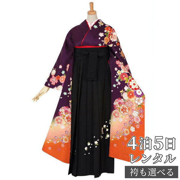【レンタル】【訳あり】袴 レンタル 卒業式 女 袴セット 振袖＆袴〔RR990〕「紫　花くす玉に熨斗」 フルセット 貸衣装 女 レディース 送料無料｜京都着物レンタル夢館