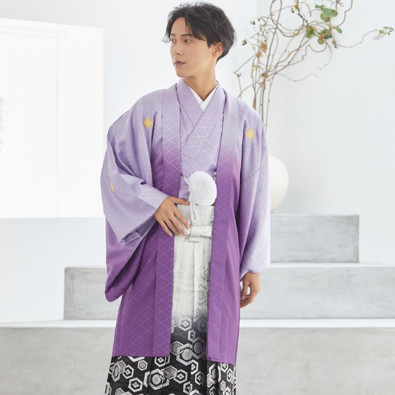 卒業式 袴レンタル 男 男性着物レンタル イベント 紋付 前撮り kimono 人気 結婚式 羽織袴〔Y020-Y180〕紫ぼかし紋付×柄袴メンズ着物  和服 かっこいい 羽織袴 二次会 和服