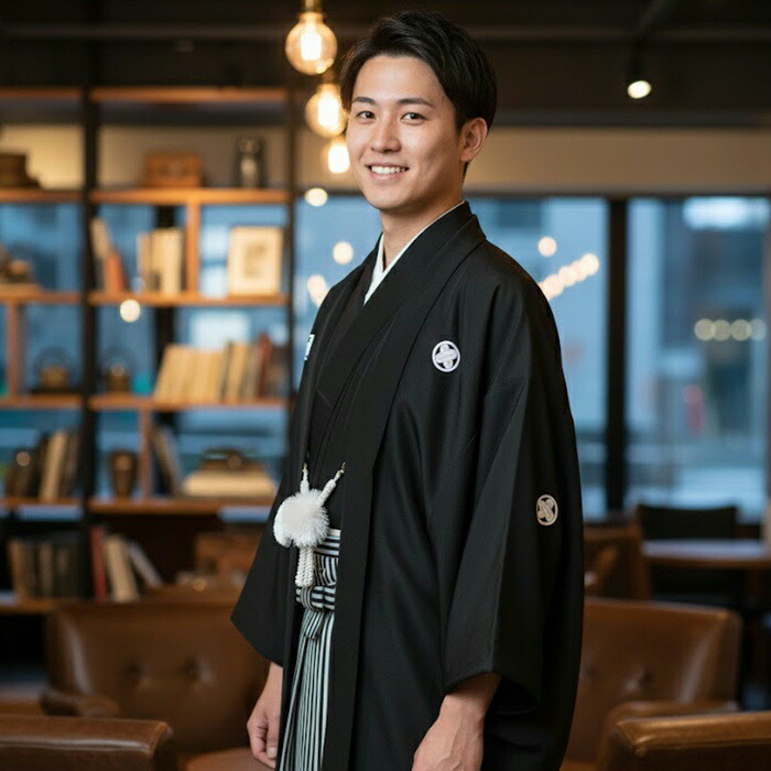 成人式 男着物セット 着物 羽織 袴 【家紋シール付】3点セット 仕立て上がり 黒の紋付セット 成人式 結婚式 式典 男礼装 メンズ 着物 黒 紋付 送料無料