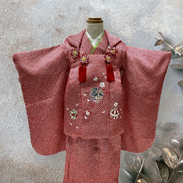 Oreo 七五三 七歳 着物 女児 花と毬 月兎模様 赤 化繊 11RR5 Oreo