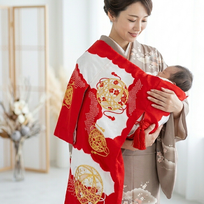 正絹　宮参り 女児 お宮参りの【赤ちゃんの正式な服装は祝い着（掛け着）を羽織った和装です】 お参り 神社 祝着 赤ちゃん 着物 初着 産着 女の子 女児 宮参りの着物 襦袢付き 祝い着セット 産着 一つ身 のしめ 祝着 着物 お宮
