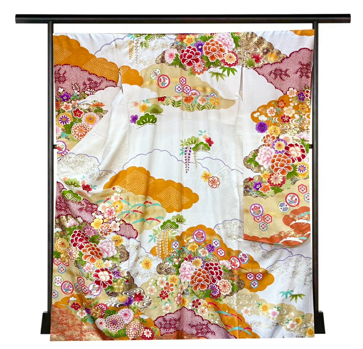 【賃借】《振袖仕掛ける賃借》031番 白 白いこと 名文 京都 友禅 成年者式 御芽出度お呼ばれ 帯 帯締め 伊達衿 帯揚げ 草履 うしろ側 着付け小物 成年者式