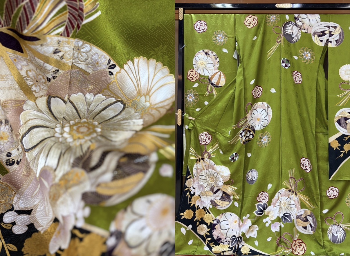 【賃借】《kimono5298 振袖賃借》No.79 緑 抹茶 清楚 御前上等お召しもの 愛くるしげ 名文 京都  友禅 成年者式 御芽出度お呼ばれ 川･河 朝ドラ 振袖  kimono5298 正絹 袴 卒式
