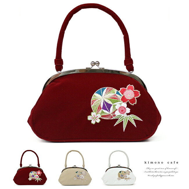 ＼ポイント2倍／【LINE登録で５%OFF】 振袖用 バッグ 毬と桜 スエード生地 刺繍 がま口 赤 白 ベージュ 成人式 卒業式 結婚式 袴 振袖 洒落着物 クラシック レトロ くすみカラー 振袖用バッグ 袴用バッグ