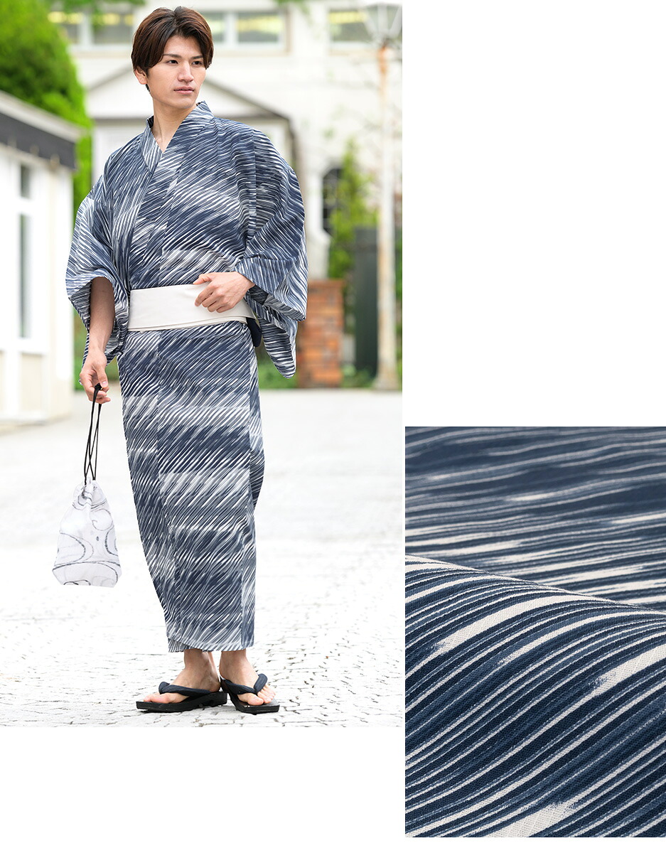 Moika 浴衣 メンズ 3点セット Mサイズ Lサイズ 半幅帯 レトロ 紺 大人 紺 半衿 ネイビー 雨 ストライプ 男性用 仕立て上がり キモノカフェ浴衣 ゆかた 紺 ネイビー 雨 ストライプ レトロ メンズ 男性 大人 Moika 3点セット 綿 変わり織り 仕立上がり 和服