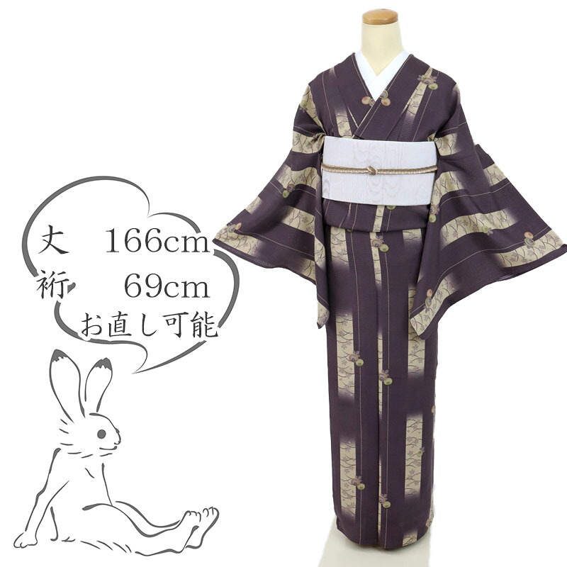 【中古】長尺 夏着物 小紋 変絽 かすれ短冊桜に饅頭菊 紫 正絹着物 身丈166cm 裄丈69cm lsize トールサイズ［きものふりく］KP4-33｜きもの　ふりく