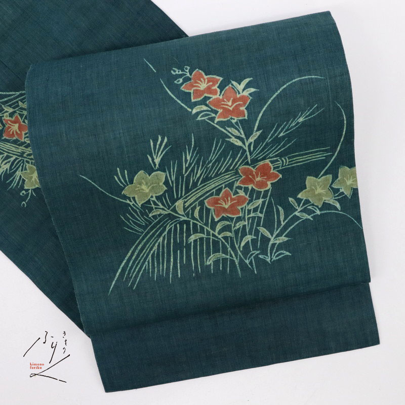 楽天市場】【中古】夏の麻 名古屋帯 籬に桔梗の花模様 青緑色