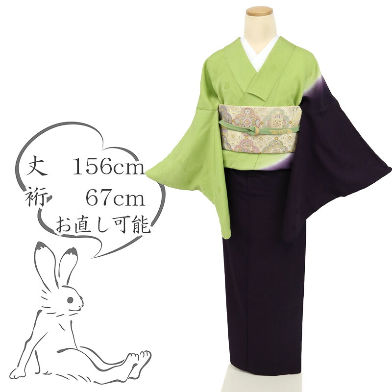 【中古】訪問着 印象的染分け模様 黄緑×黒紅 背紋有 バチ衿 身丈156cm 裄丈67cm 袷正絹着物 msize［きものふりく］SP1-6