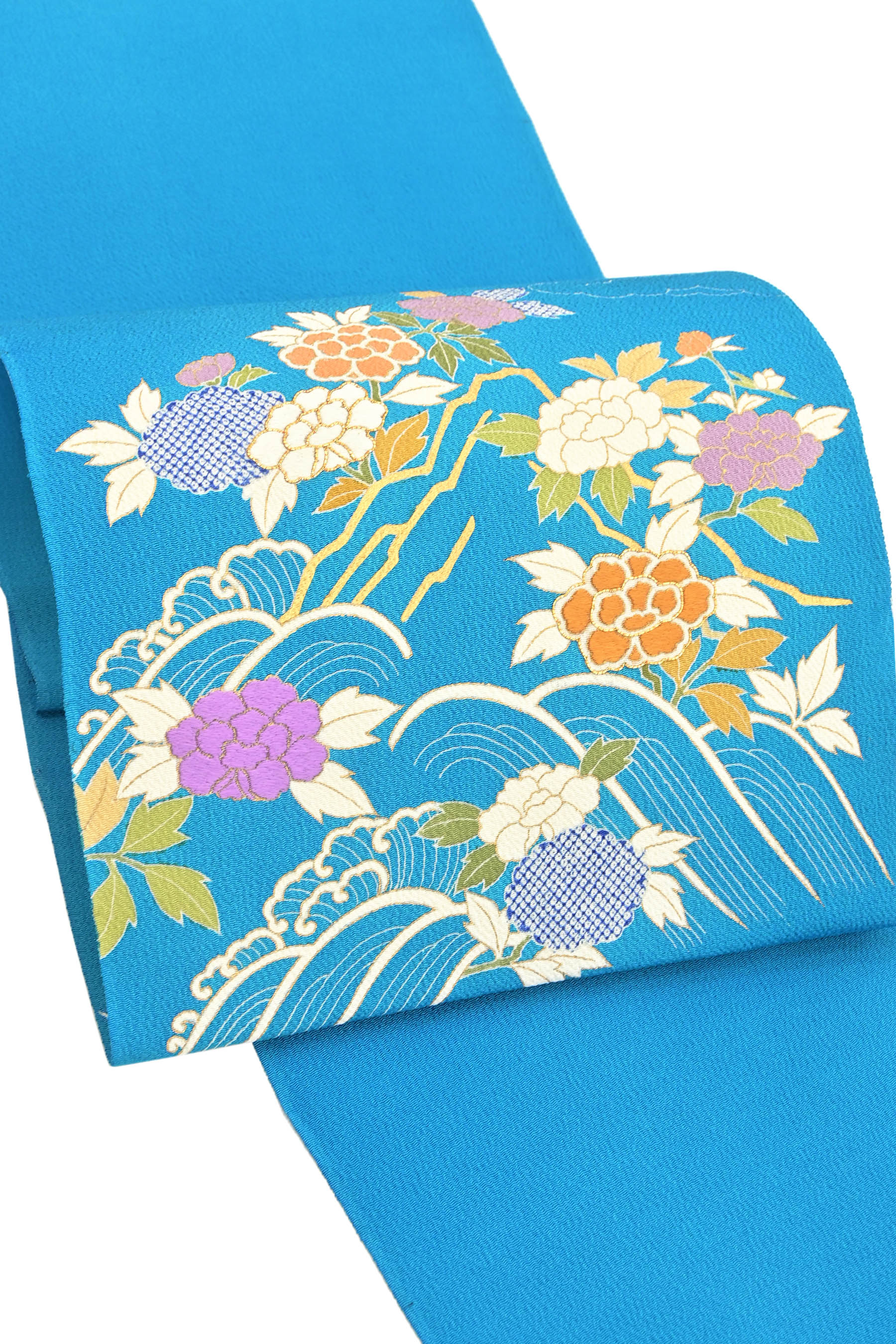 【別注のご相談承ります】本手描京友禅日本刺繍九寸名古屋帯 ＜古代鬼しぼ縮緬地＞ 「渓流御所解」 図案から染め出しました！ こだわりの仕上がりをご覧あれ！