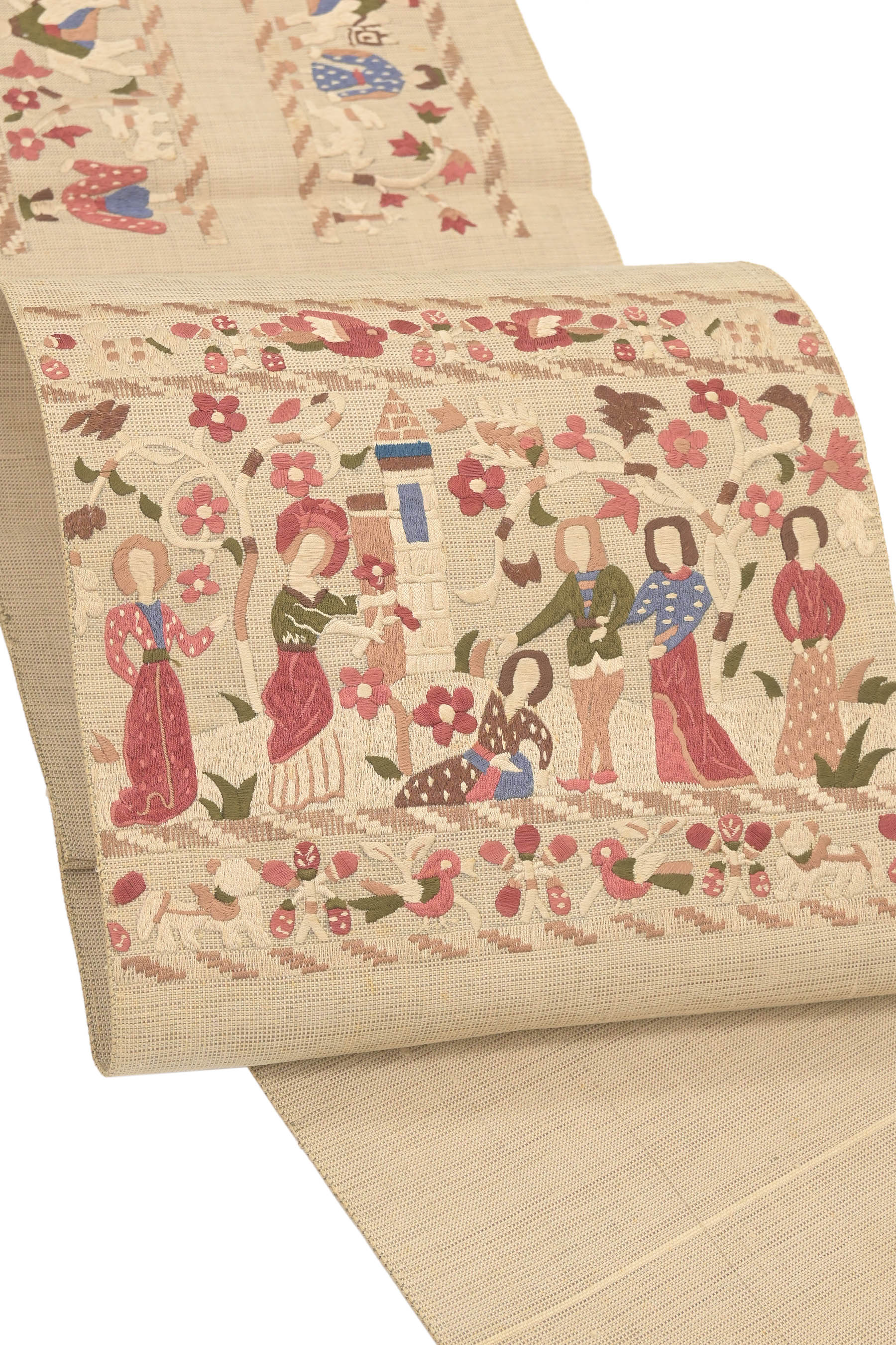 【20%オフクーポン対象】 【お得なエブリデイロープライス】 特選本手総刺繍八寸名古屋帯 ≪御仕立て上がり・中古品≫ 「花宴」 絵本のような一条! 花刺繍がふわり…|京都きもの市場 店
