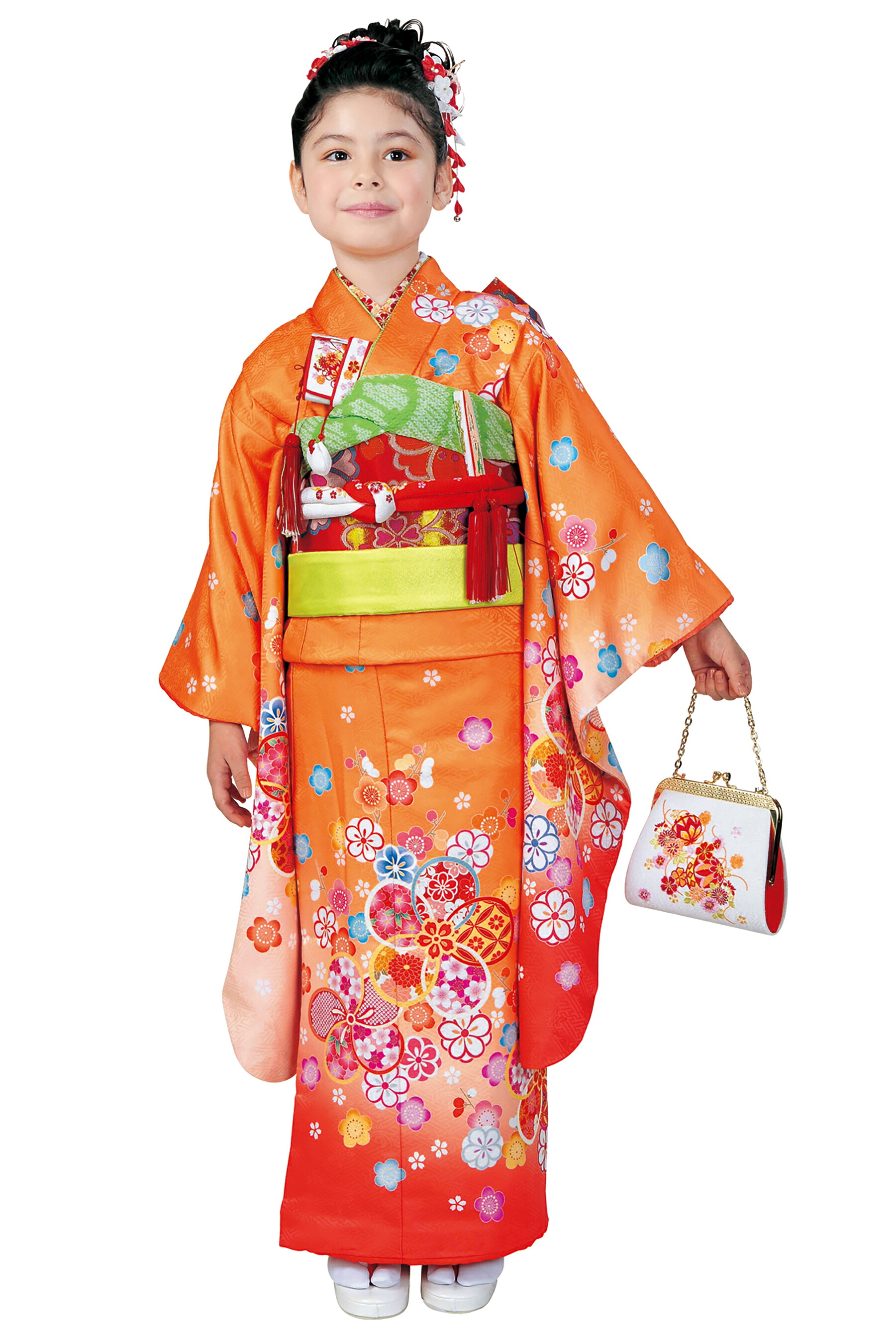 “Web押さえる売りわたす品！” ■【R・KIKUCHI/リョウコ・キクチ】 【７才お嬢さん用 七五三総締め書き割り】 No.74 オレンジ色 ☆しごきと帯揚げの色選べます！ 七五三の祝賀会、お正月などに！