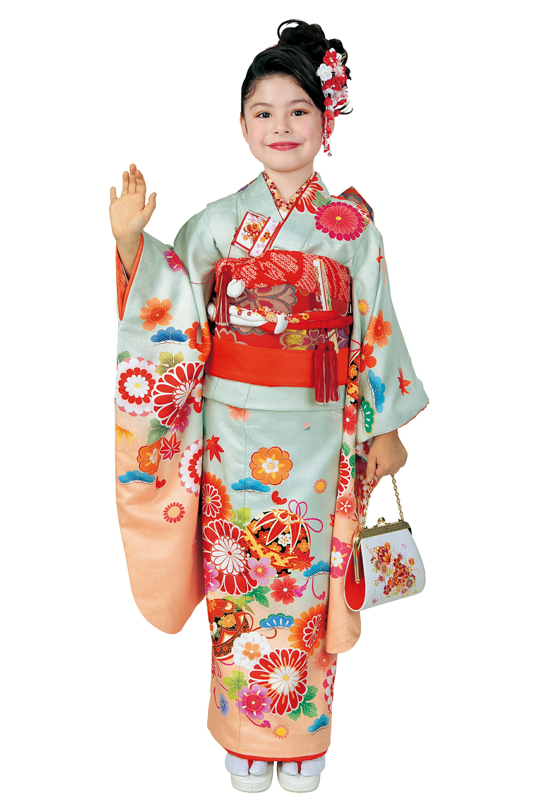 “Web押さえる売りわたす品！” ■【R・KIKUCHI/リョウコ・キクチ】 【７才お嬢さん用 七五三総締め書き割り】 No.75 青磁薄墨色 ☆しごきと帯揚げの色選べます！ 七五三の祝賀会、お正月などに！