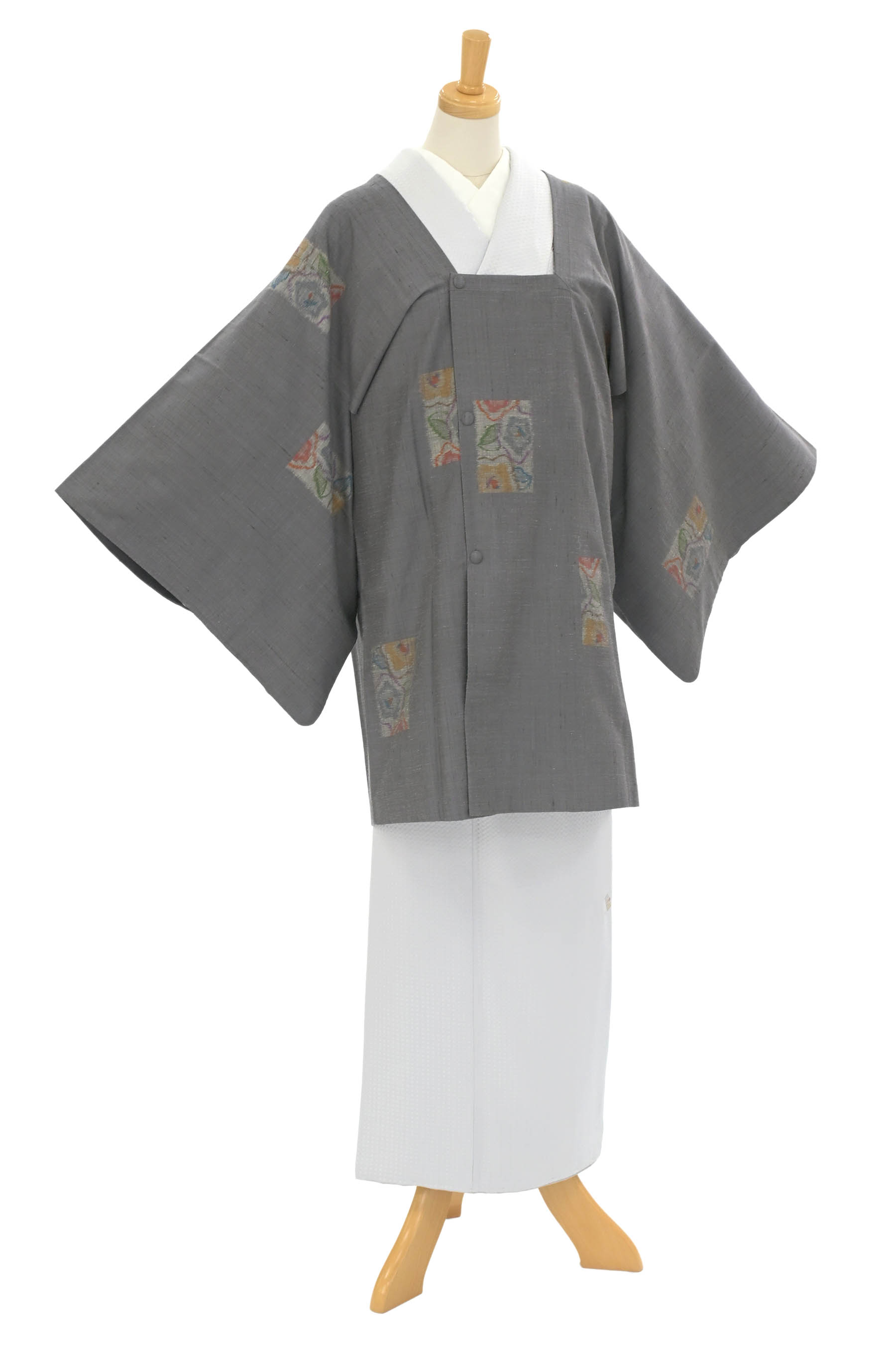 小粋なしゃれ味 （仕・中古品） 正絹絣紬　道行コート 「色紙に花椿」 ☆コート丈79.5裄61.7