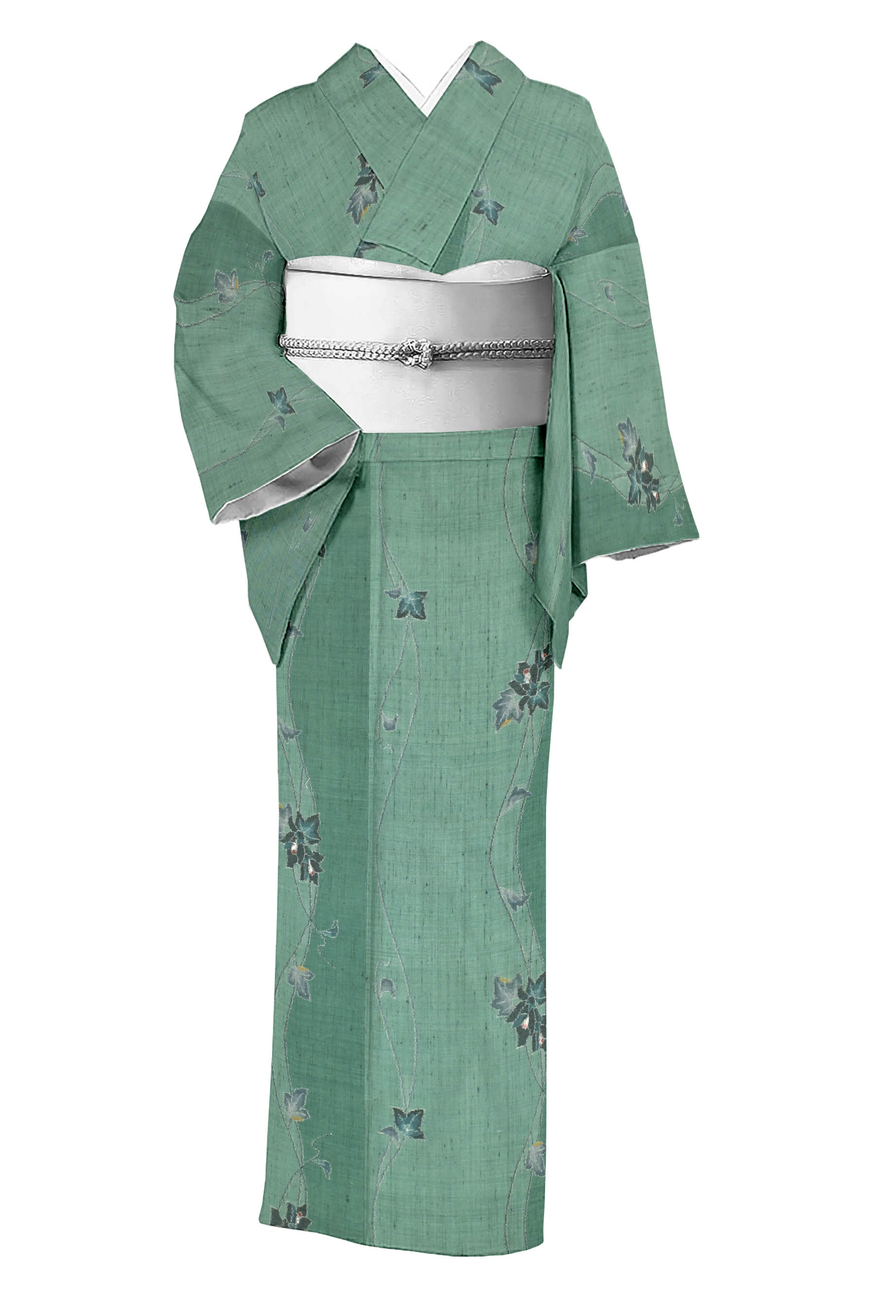 【小千谷紬】 特選真綿紬 ≪御仕立てもの売り上げ金・中古美品≫ 「つる植物花紋」 肌目気が大きいに… 味わい深い折り目正しいお召しもの 身たけ152 裄64