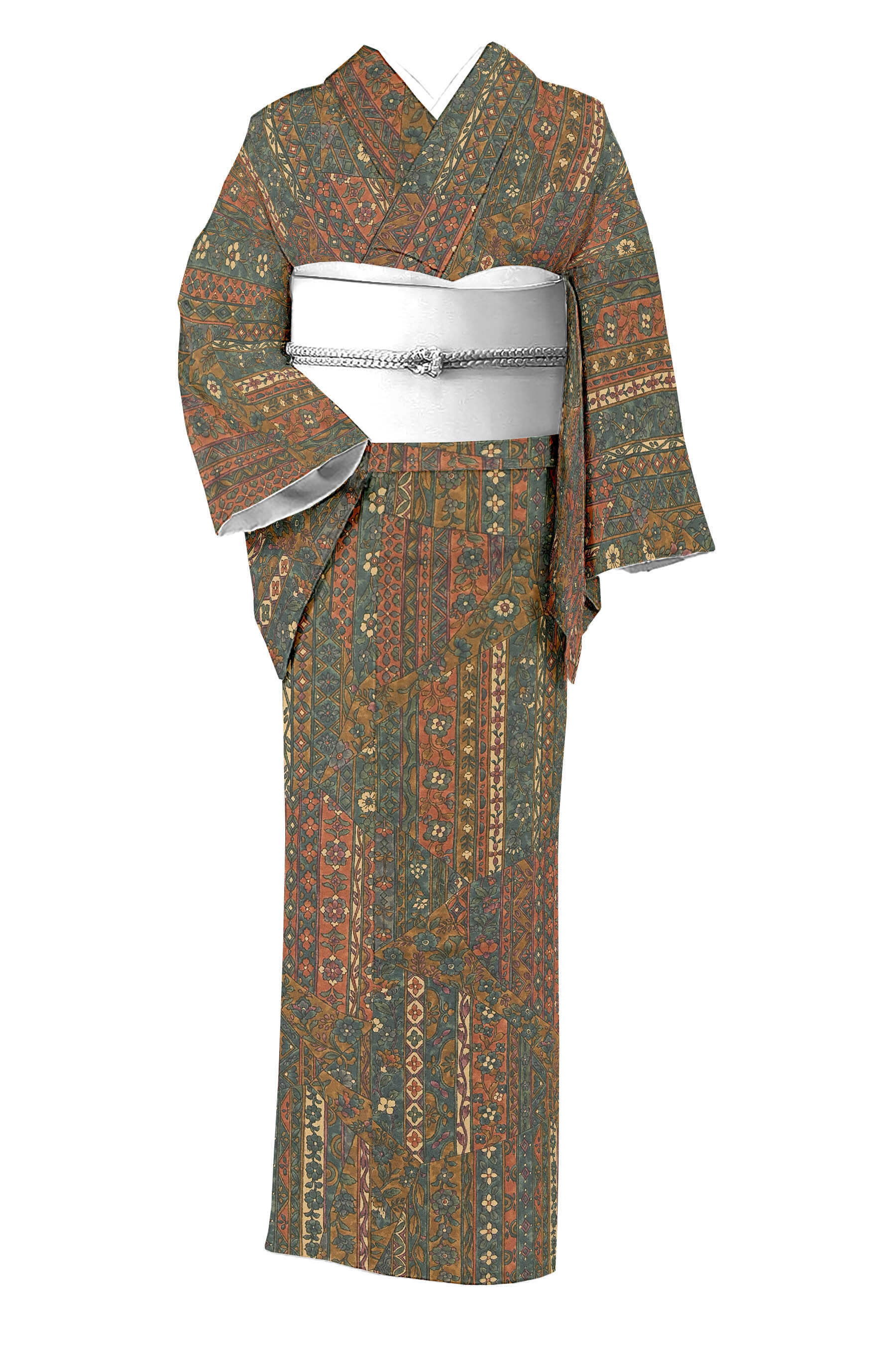 特選創作友禅小紋 ≪御仕立て上がり・中古品≫ 「切取間道更紗」 身丈157.5裄63.6 12,746円