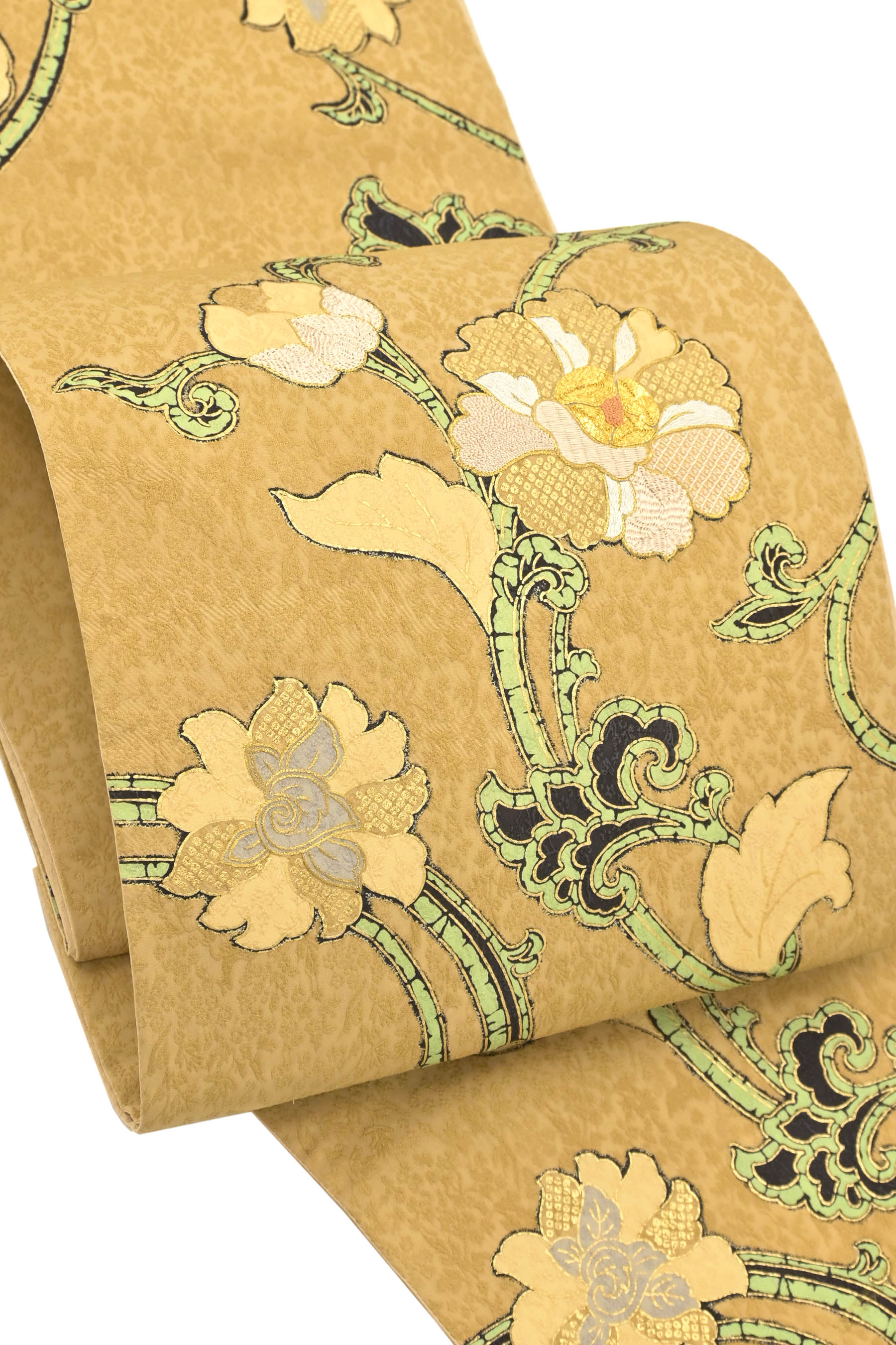 【鷹ヶ峰 しょうざん】 特選本手産業友禅袋帯 ≪仕・中古美品≫ 「名取り草唐花文」 一般受けブランド名の上層階級帯！
