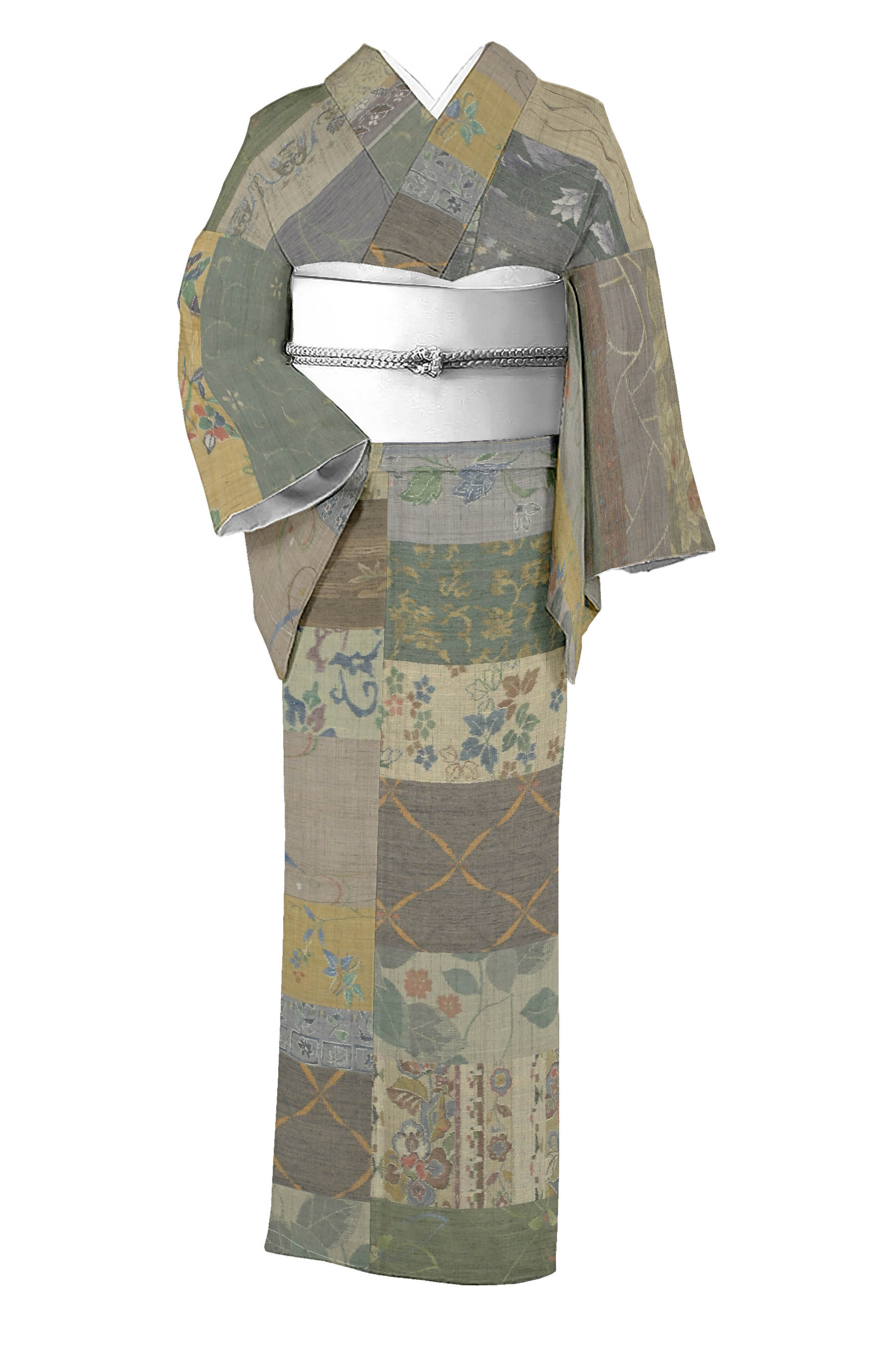 【20％OFFクーポン券客体】【小千谷紬】 特選芸術絵絣紬 ≪御仕立てもの売り上げ高・中古美品≫ 「四季花段」 染めと見紛うほどの織り言いあらわす… 身の丈159 裄64.5
