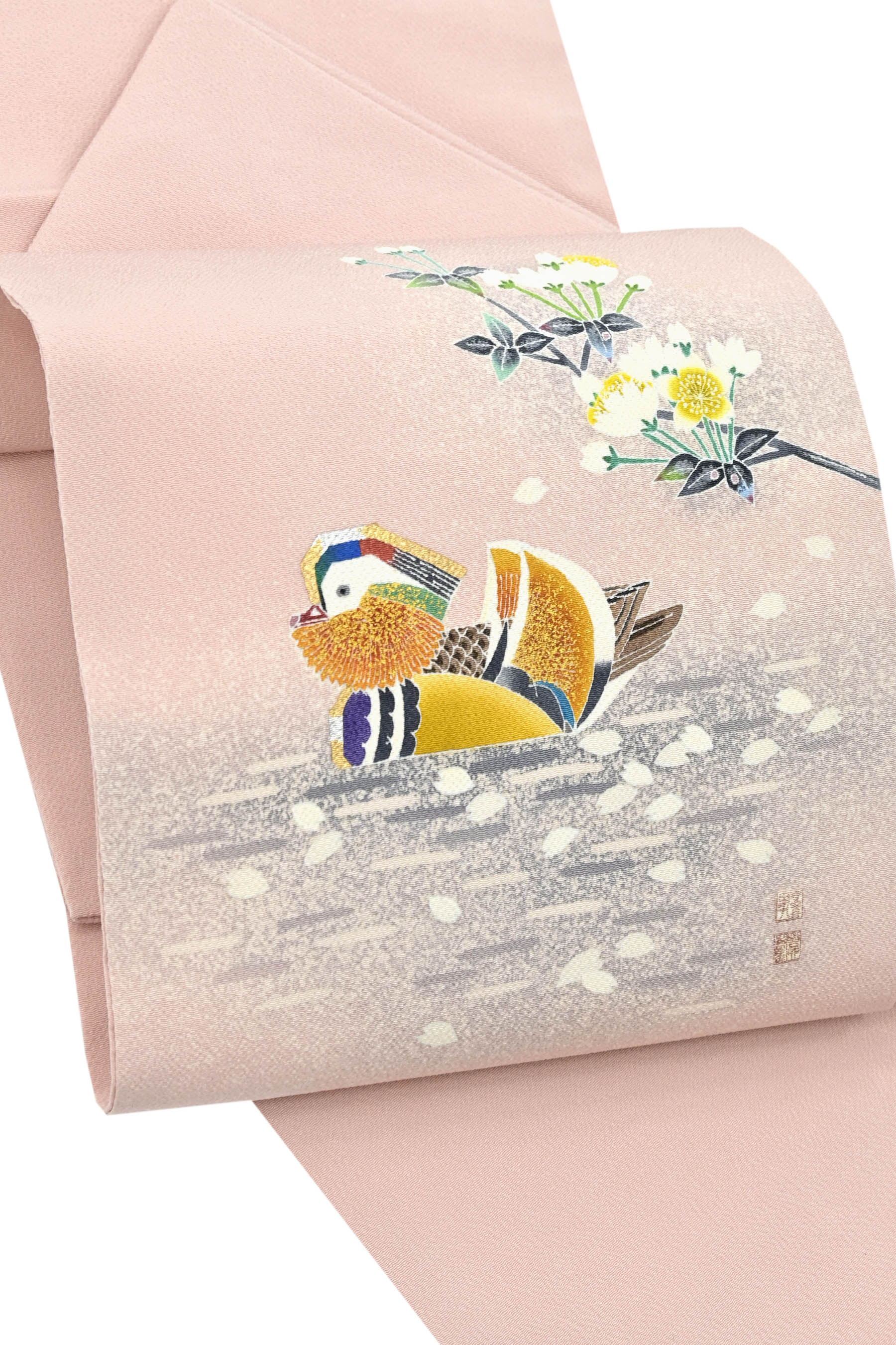 O0452 美品 逸品 人間国宝 羽田登喜男作 ちりめん地 鴛鴦 正絹 名古屋帯 楽天市場】名古屋帯 美品 逸品 人間国宝 羽田登喜男 落款あり 鴛鴦 楓