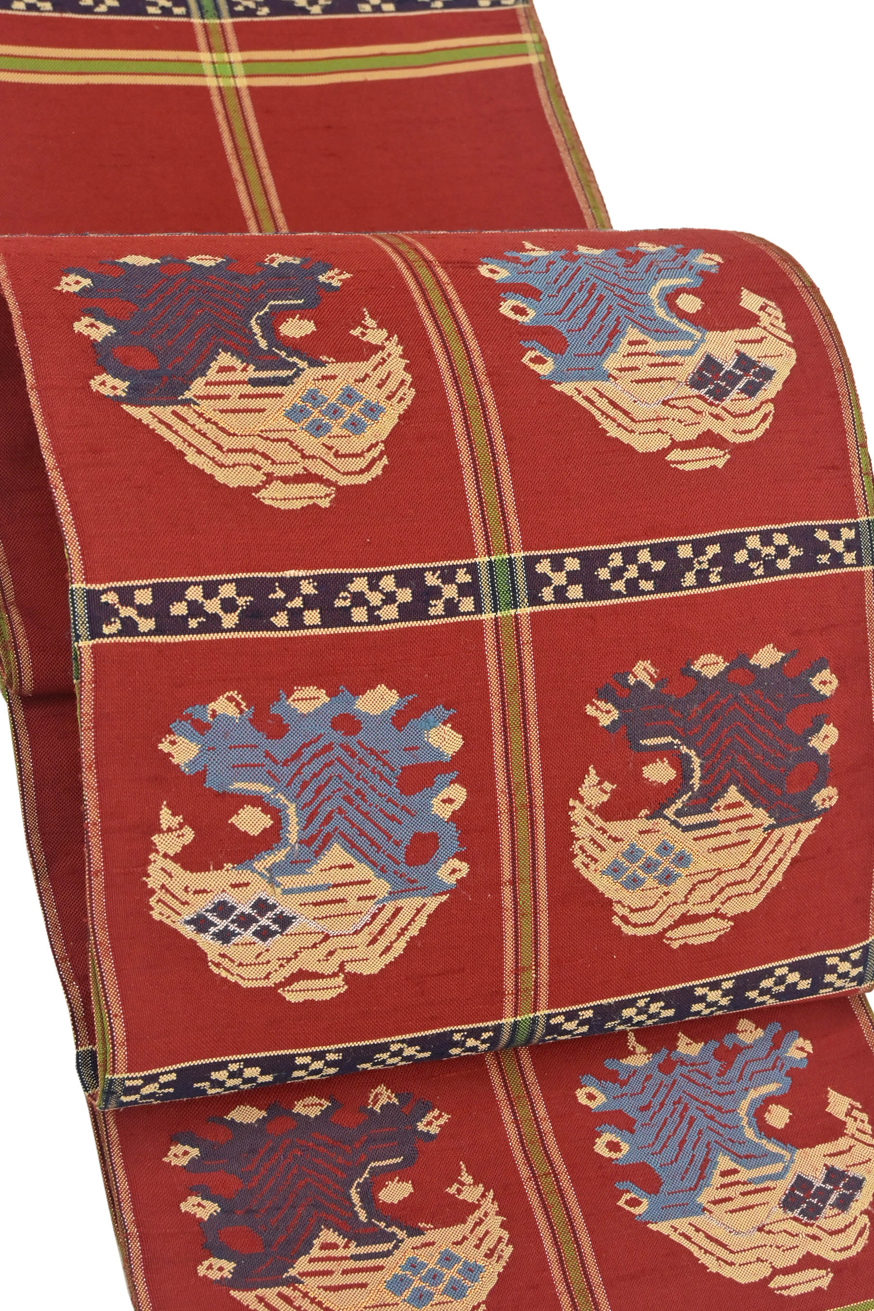 【龍村平蔵製】 特選芸術紬本袋帯 ≪御仕立てもの売り上げ金・中古美品≫ 「甲比丹クジャク」 平蔵製の代議員団作、 僅か訳ありのオネウチ仕入れ！