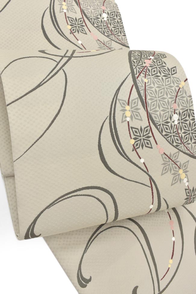 【Kimono　Factory　nono】 【お仕立て上がり】 創作西陣織袋帯 「流水麻の葉・鼠」　◇新品 ≪お洒落袋帯！≫｜京都きもの市場 店