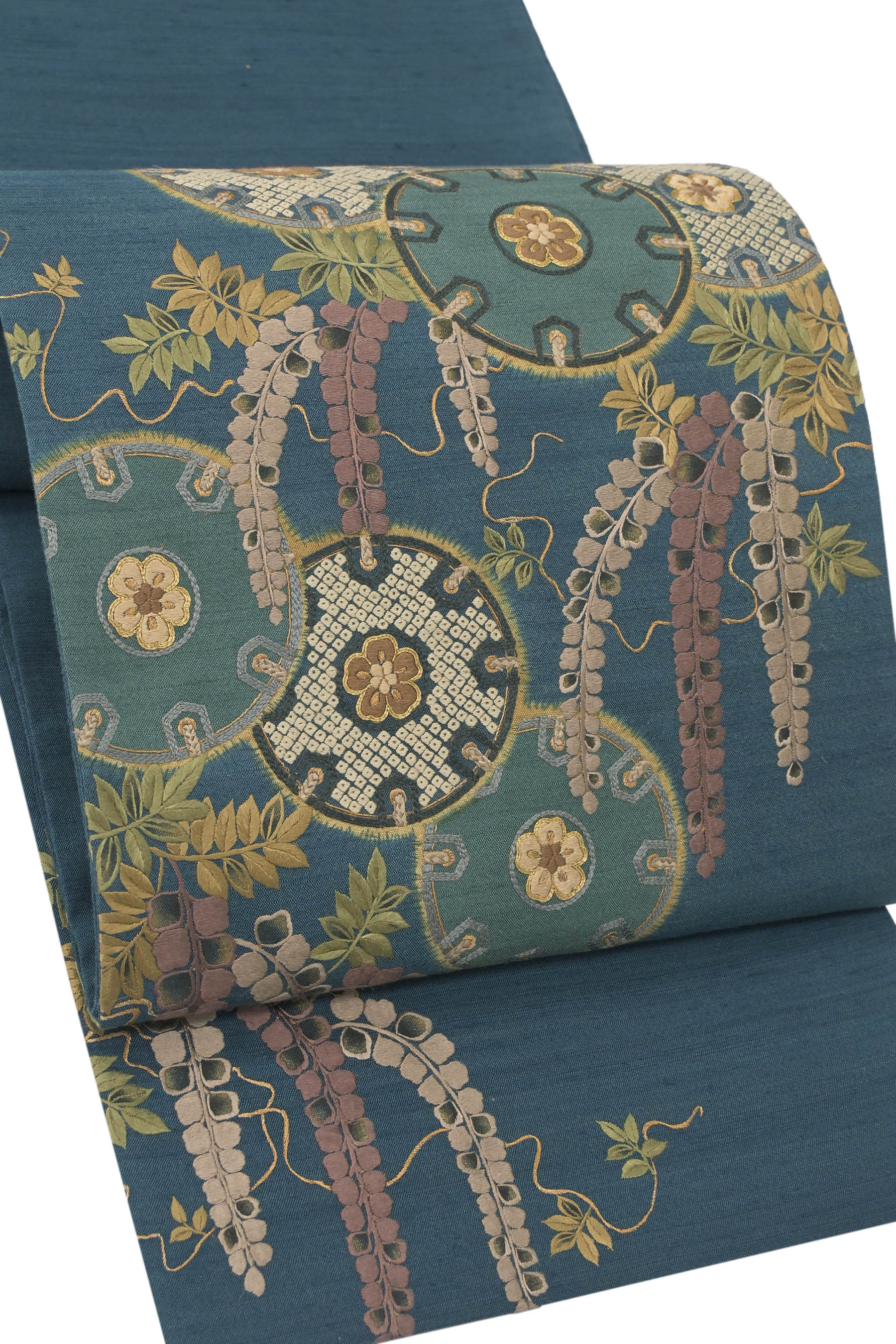 【本決算最終バーゲン】 特選本手総刺繍紬袋帯 ≪御仕立て上がり・中古美品≫ 「藤に源氏車」 見惚れる刺繍のこの風合い！｜京都きもの市場 店