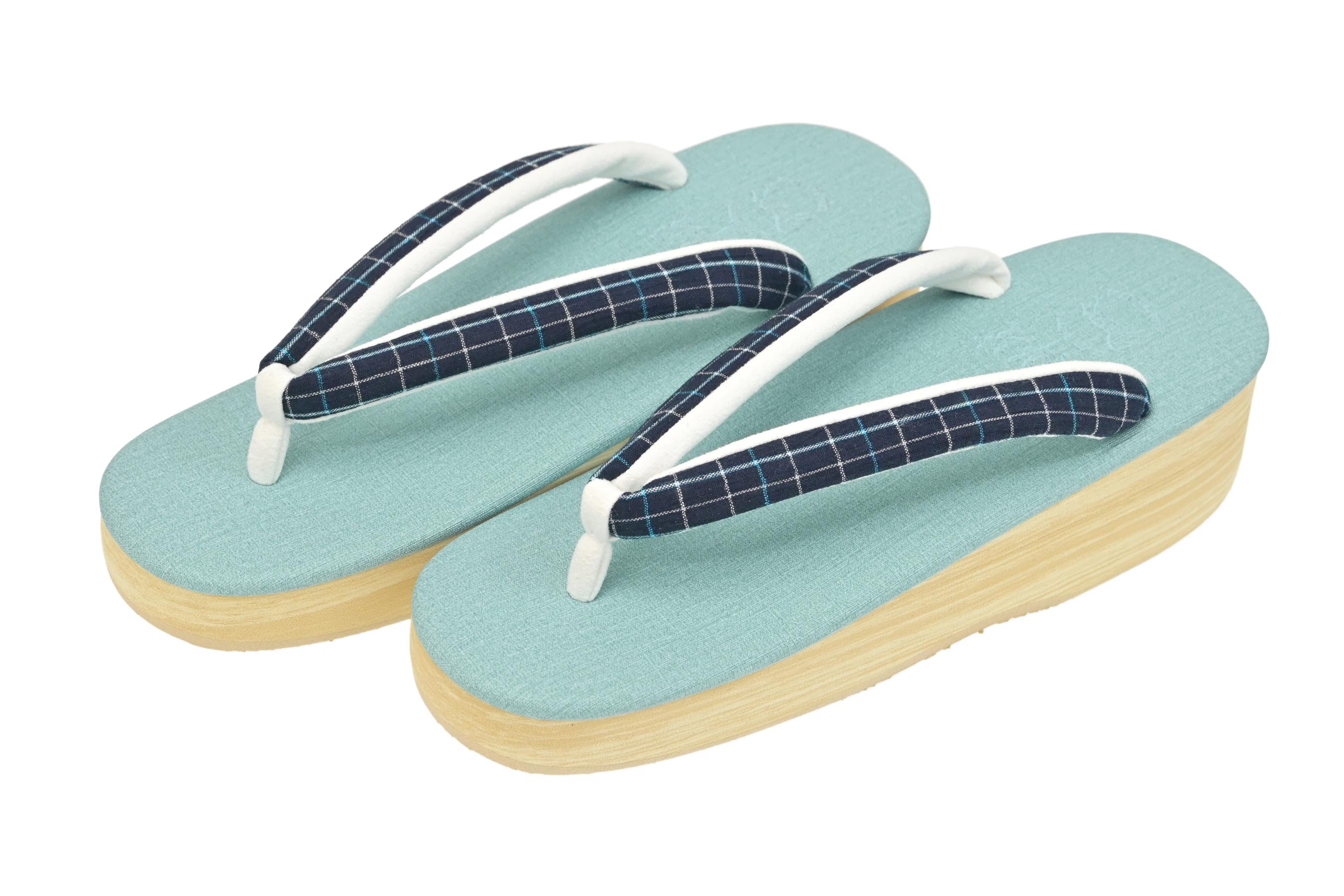 【スプリングバーゲン】 【菱屋Calen_Blosso】 カフェ草履 カレンブロッソ ≪井登美別注 優華壇ブランド≫ 小判型 台/ターコイズ 鼻緒/チェック・ネイビー Ｌ(足のサイズ：24～25)