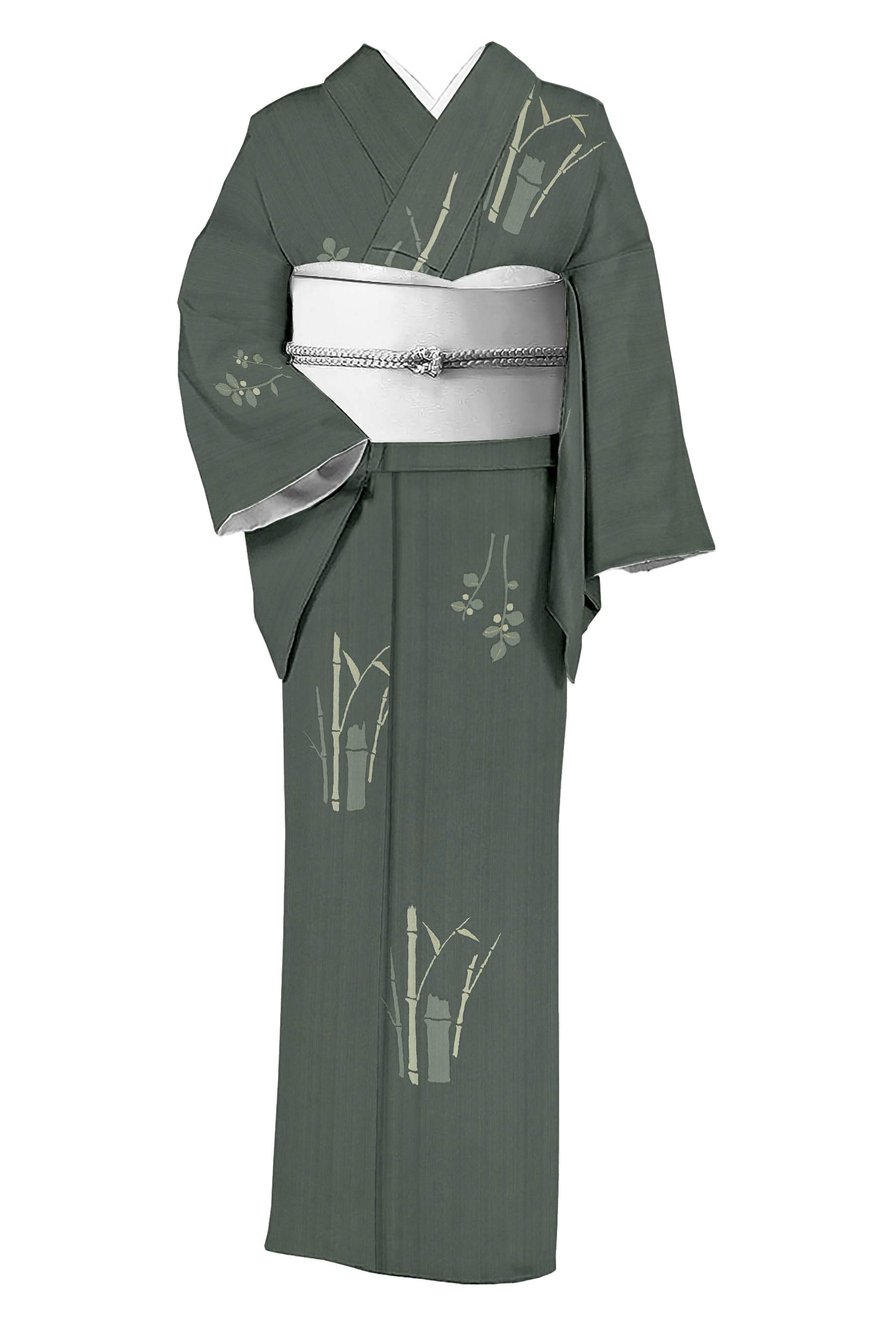 【某店取りまわし】仕 中古美品 【仕立て上げる野蚕紬 染小紋】 「竹と草葉」身たけ162.8裄67