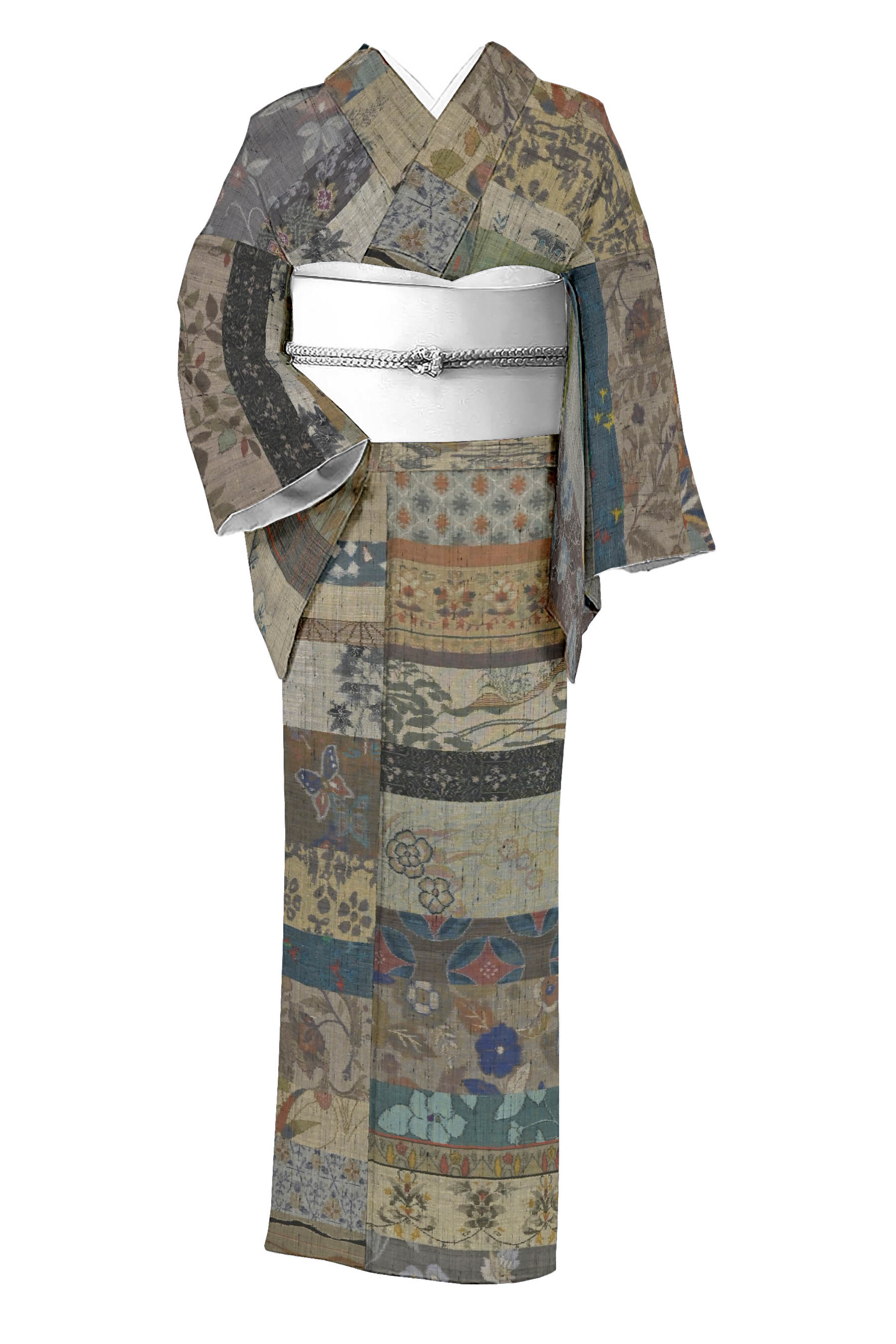 特選工芸絵絣小千谷紬 ≪御仕立て上がり・中古美品≫ 「装飾胡蝶彩花段紋」 まるで染描いたかのような織り表現 シックなカジュアルスタイル 身丈154　裄65
