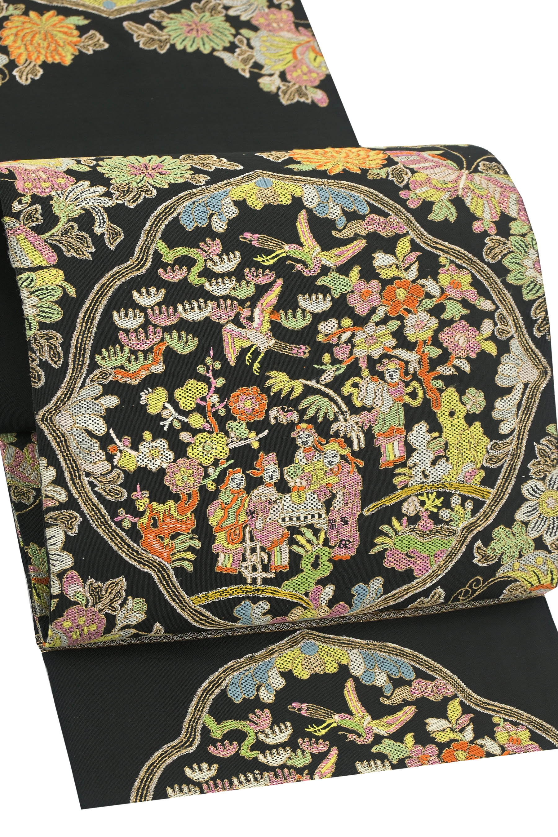 【龍村平蔵製】 特選芸術本袋帯 ≪御仕立てもの売り上げ高・中古美品≫ 「花蝶吉祥人となり画文様」 抜きん出た見せかけ。 細細たるで甲斐甲斐しいな工芸美！