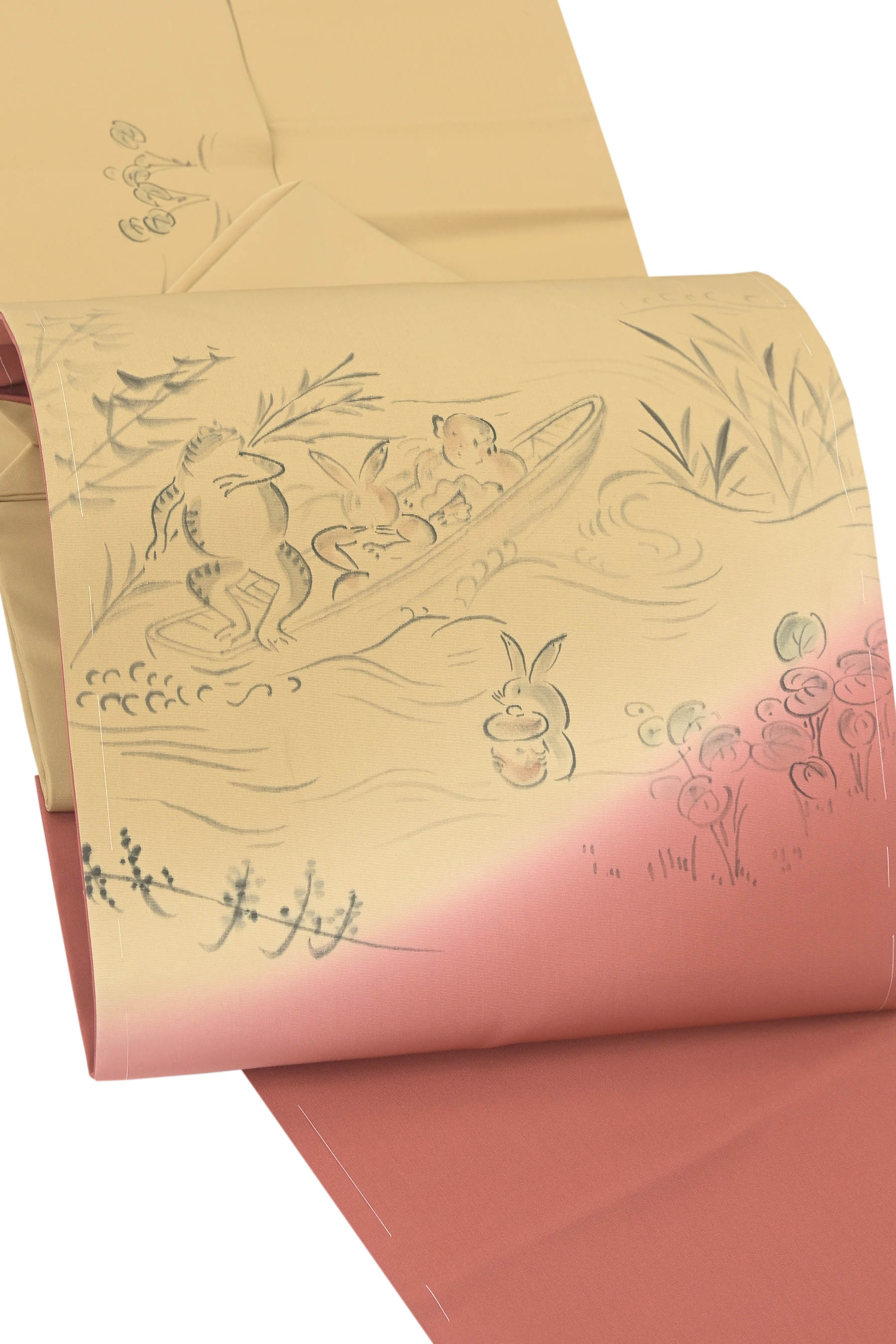 【15％OFFクーポン対象】【作家もの】 特選素描友禅塩瀬九寸名古屋帯 ≪お仕立て上がり・中古美品≫ 「鳥獣戯画」 穏やかな地色に描かれた風情あるデザイン！