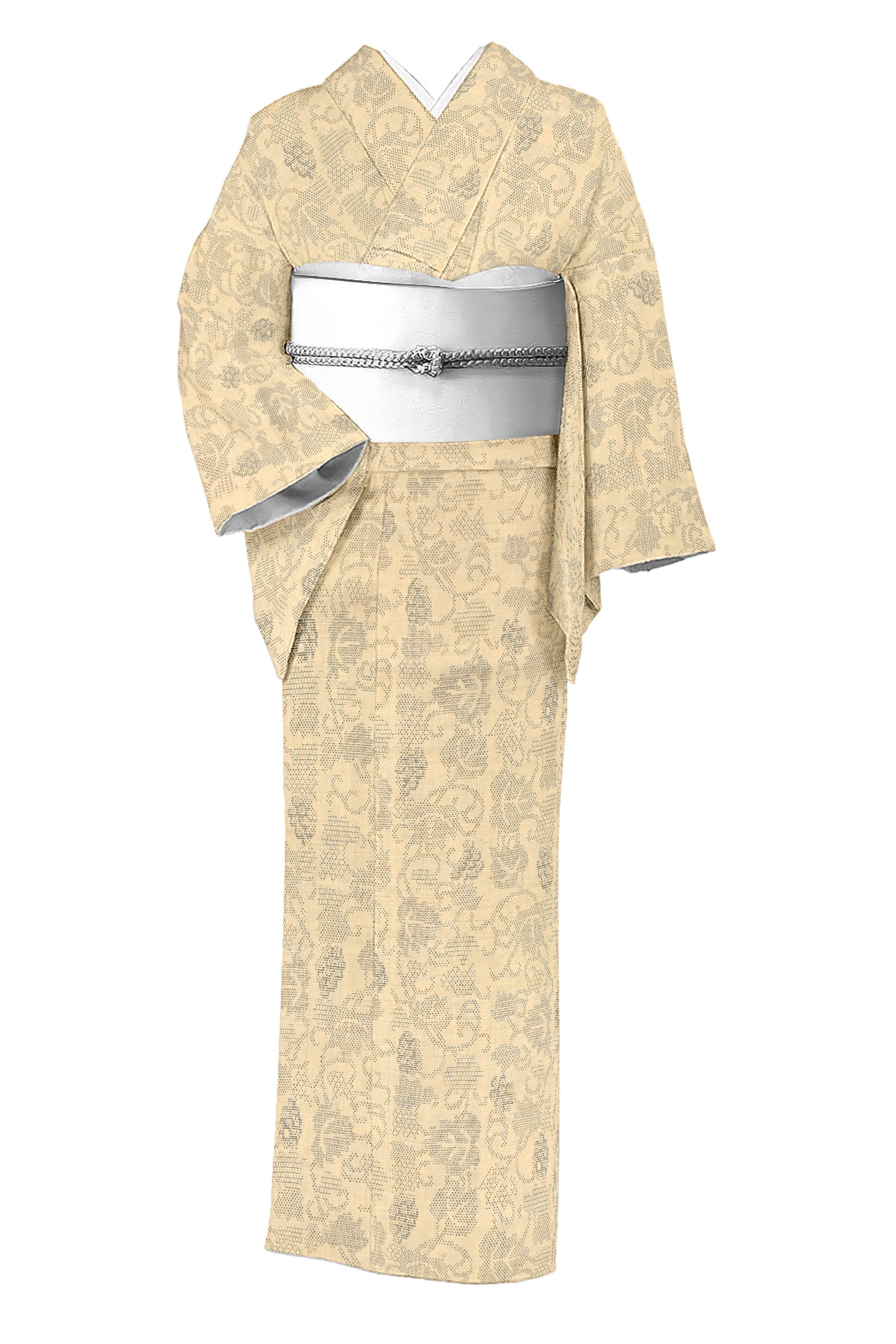 【夏物】 【本麻 古代越後上布】 ＜中島清志＞ ≪お仕立てもの売り上げ金・中古美品≫ 「160亀甲 ぶどう唐草」 物質の状態も人並み外れた… 御前上等細糸を用いた名曲夏きもの！ 身たけ147 裄64