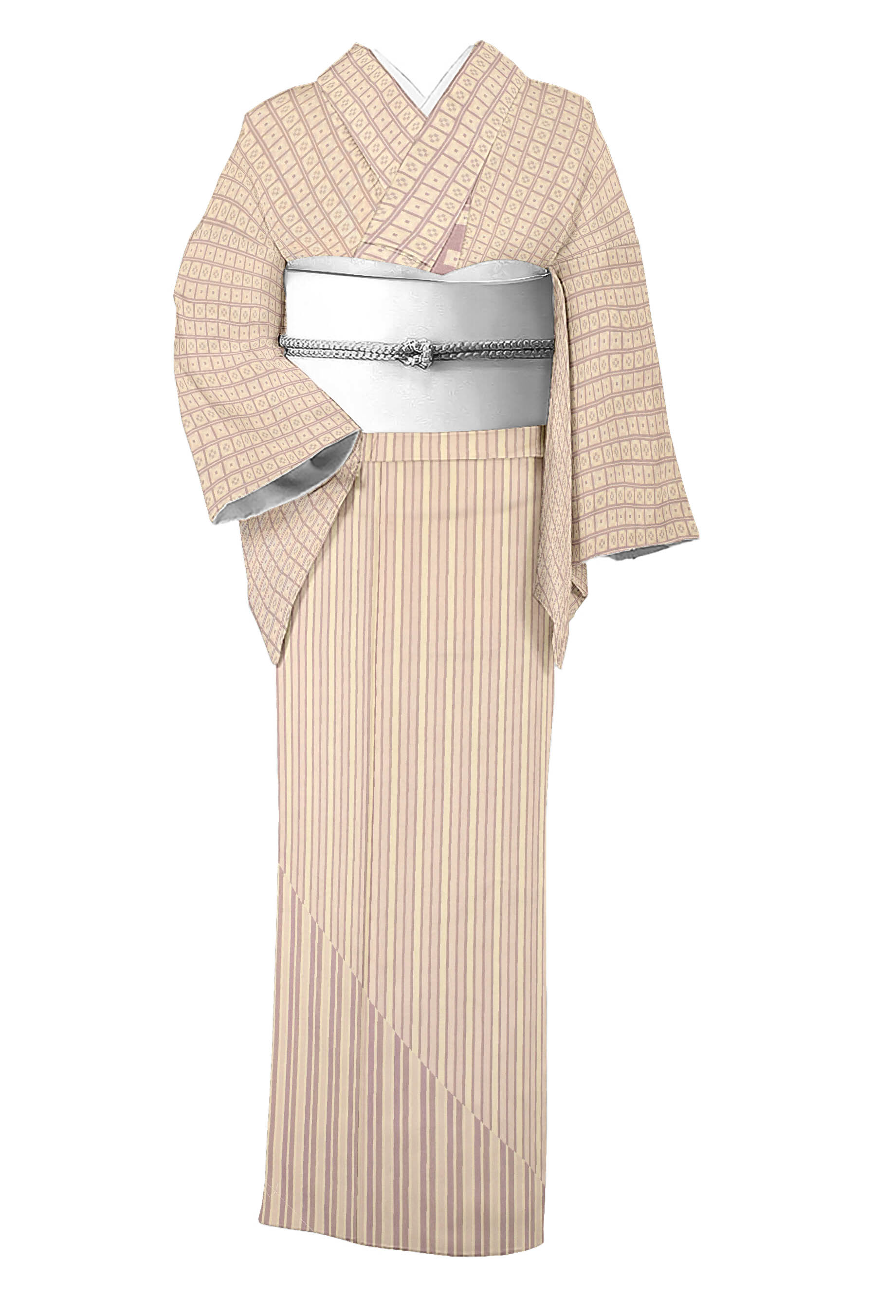 【お得なエブリデイロープライス】 正絹先染め御召訪問着 ≪御仕立て上がり・中古美品≫ 「縞地変わりタイル紋」 こだわりのカジュアル 身丈163　裄66.5