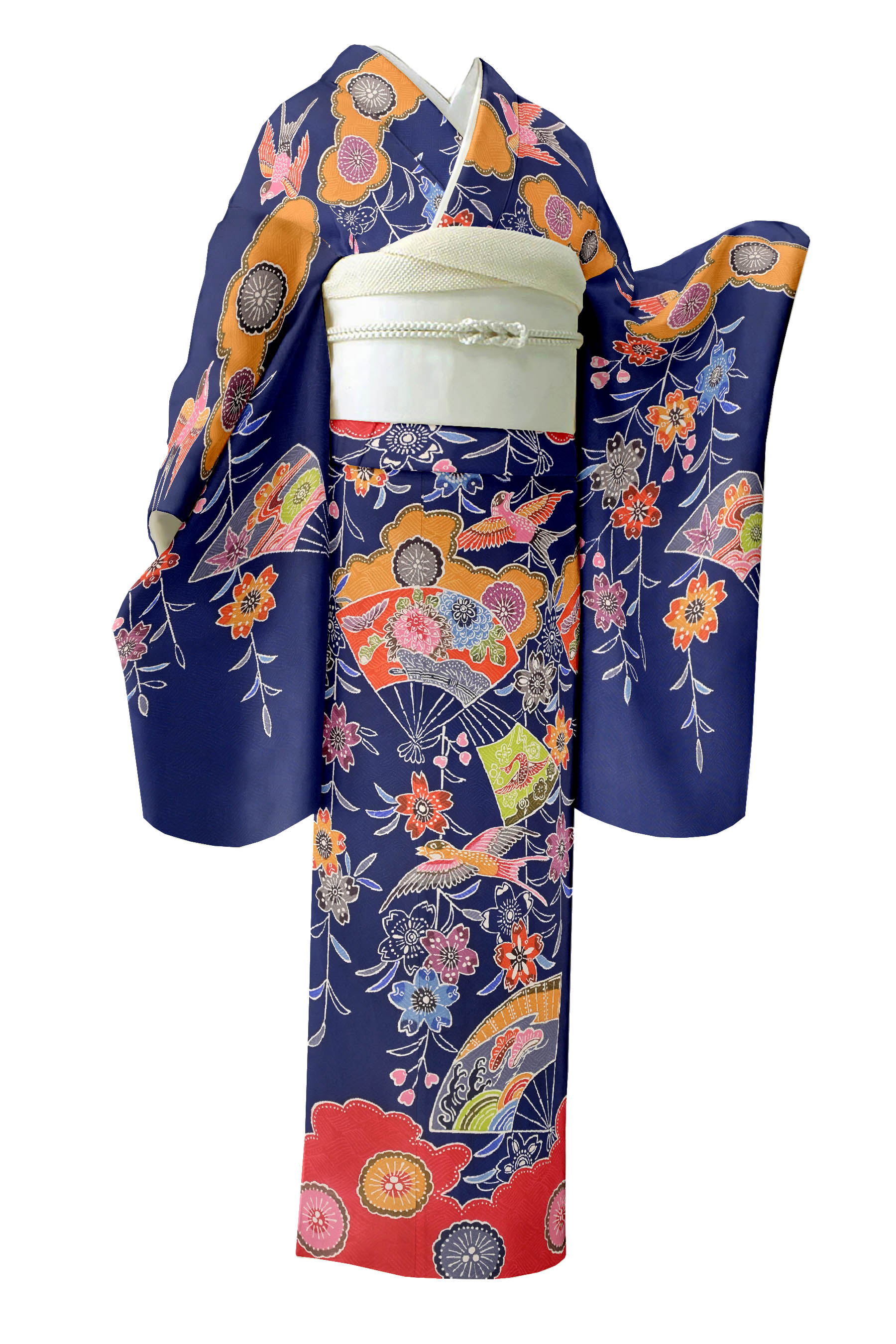 【京の染匠】 特選京紅型染お振袖 ≪御仕立てもの売り上げ金・中古美品≫ 「松皮菱取顕花植物文」 紅型が映す晴れ晴れしいな着姿！ レアな京紅型のお振袖！ 身たけ153 裄64.5