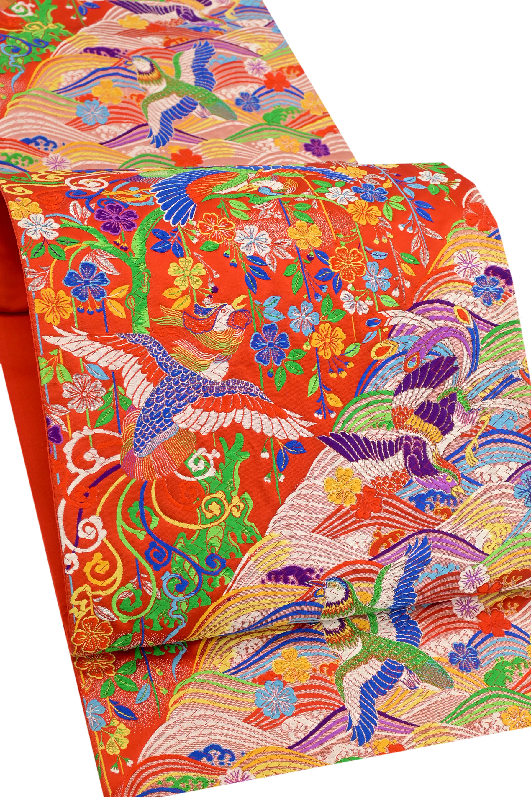 華やぎの古典柄！特選西陣袋帯 ≪御仕立て上がり・中古品≫ 「菱波に枝垂桜鳳凰」