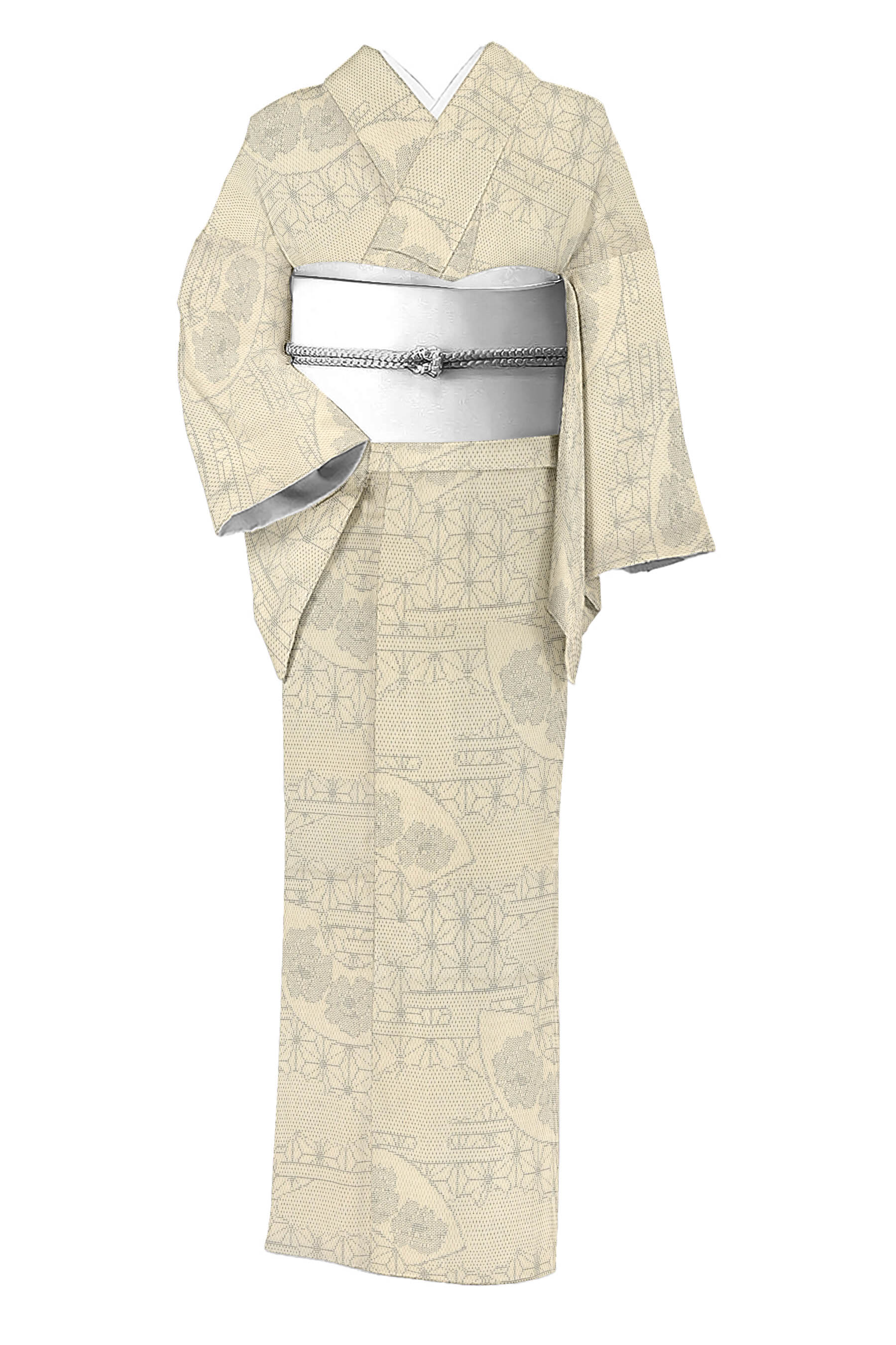 【白たか御召】 逸品板締め絣御召 100山亀甲絣 ≪胴抜き仕立て・中古美品≫ 「扇面に麻の葉」 寸法合う方へ！ またとない白鷹の絶品！ 身丈151　裄63