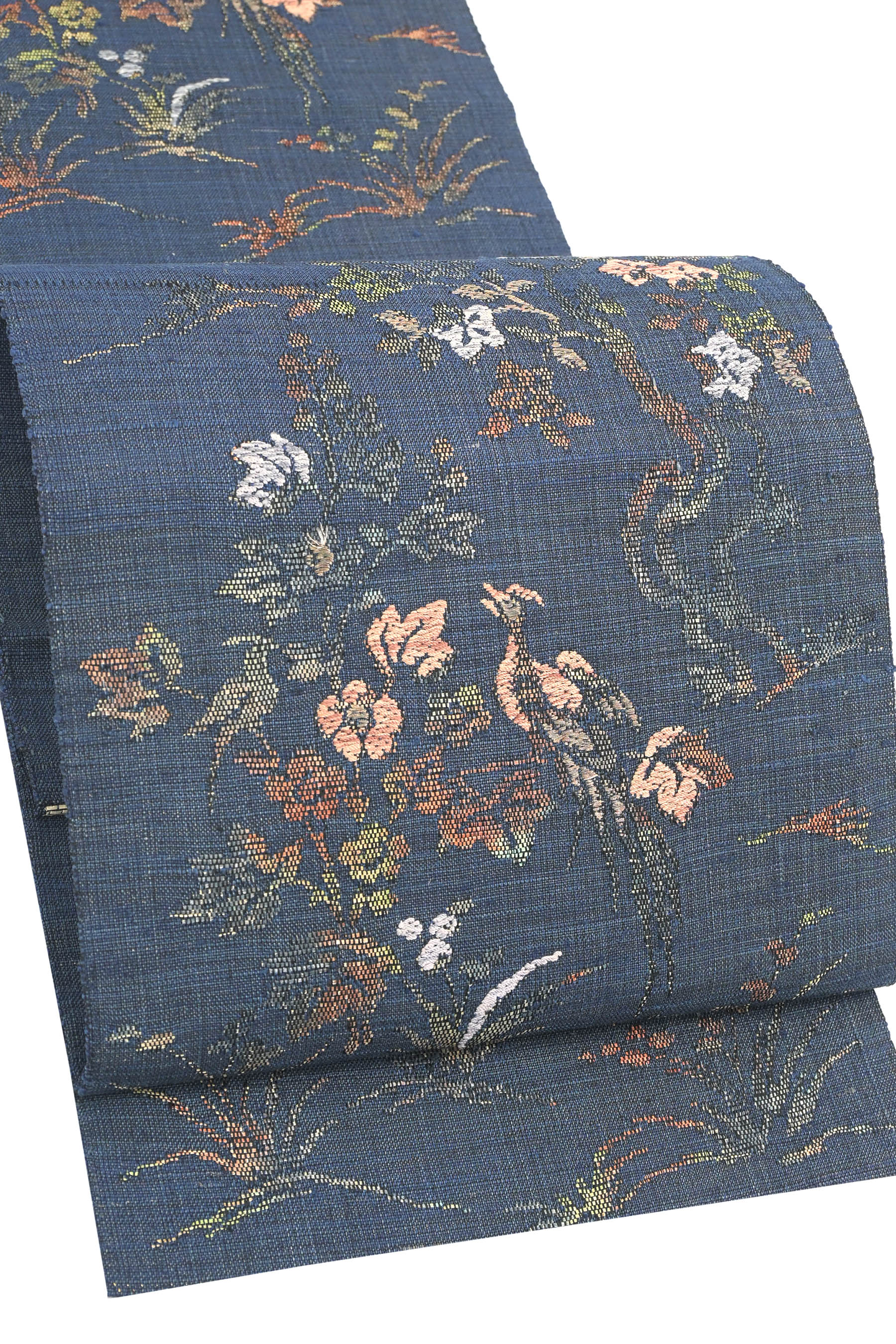 おしゃれコーデに！ 〈お仕立て上がり・中古品〉 創作正絹紬八寸名古屋帯 「唐花に鳥」 ※短尺 ☆ざっくりとした大人の華やぎ…