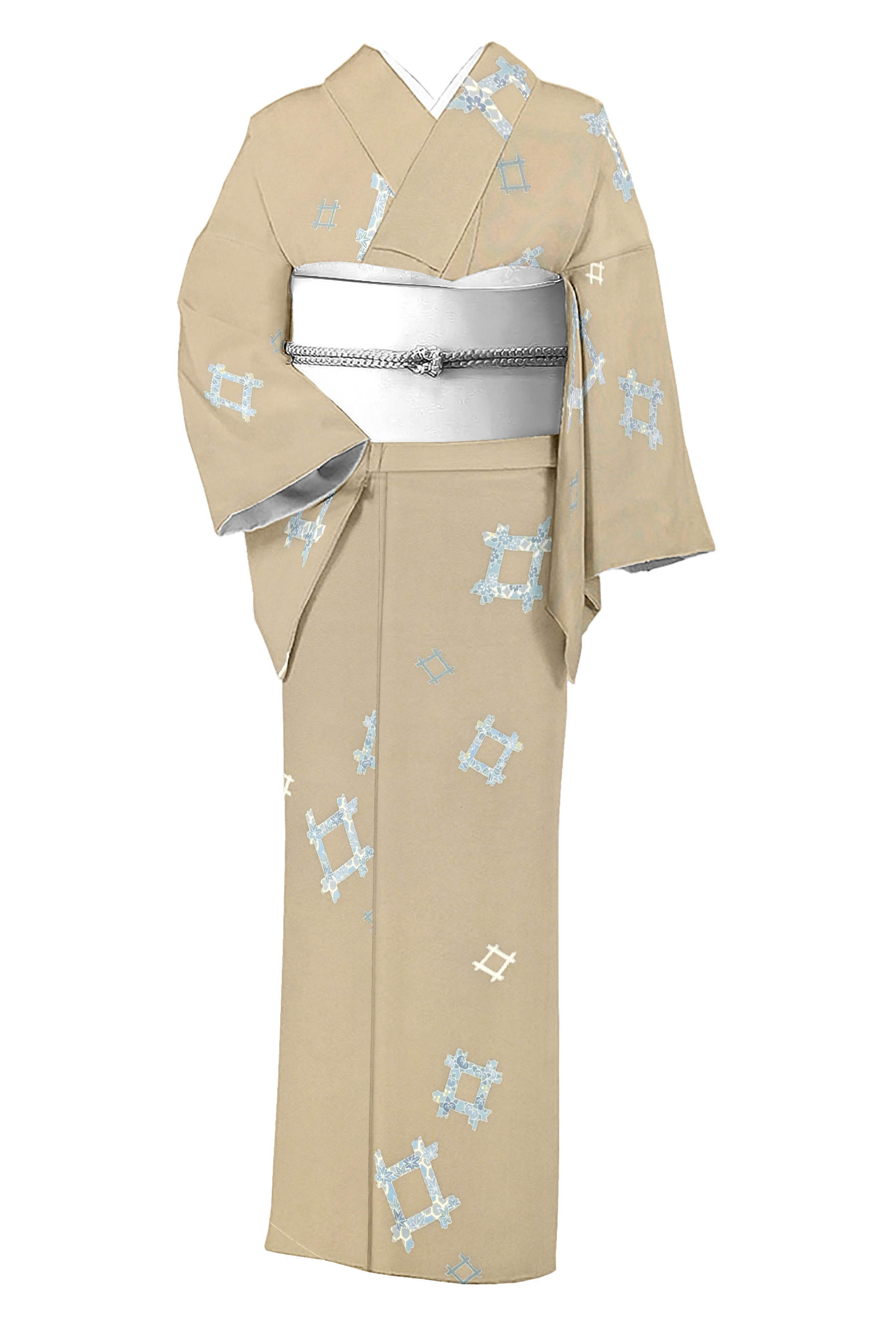 【京の第一級老舗染匠】 特選本手製作友禅小紋 ～美の花～ ≪御仕立てもの売り上げ金・中古美品≫ 「井桁」 愛想のいい名著の佇まい… やわらかな色ざしの好ましい小紋！ 身たけ160 裄67