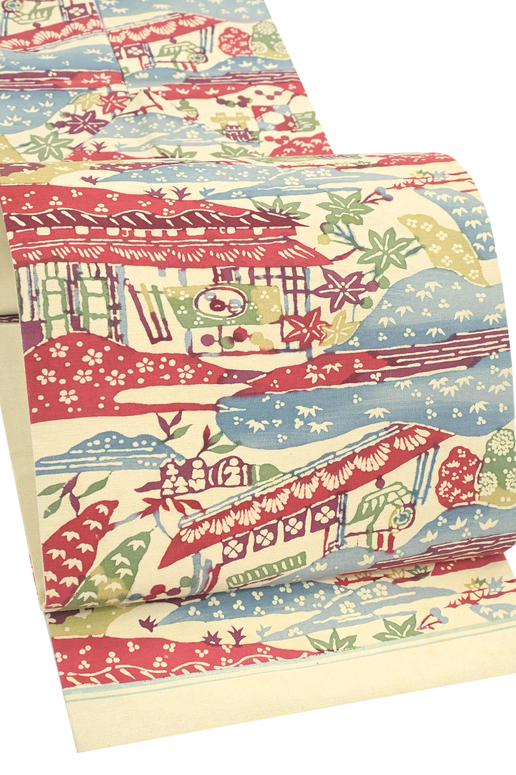 カジュアルコーディネートに！ 〈お仕立て上がり・中古品〉 正絹堰出し友禅染九寸名古屋帯 「茶店風景」短尺遊び心溢れる一品。