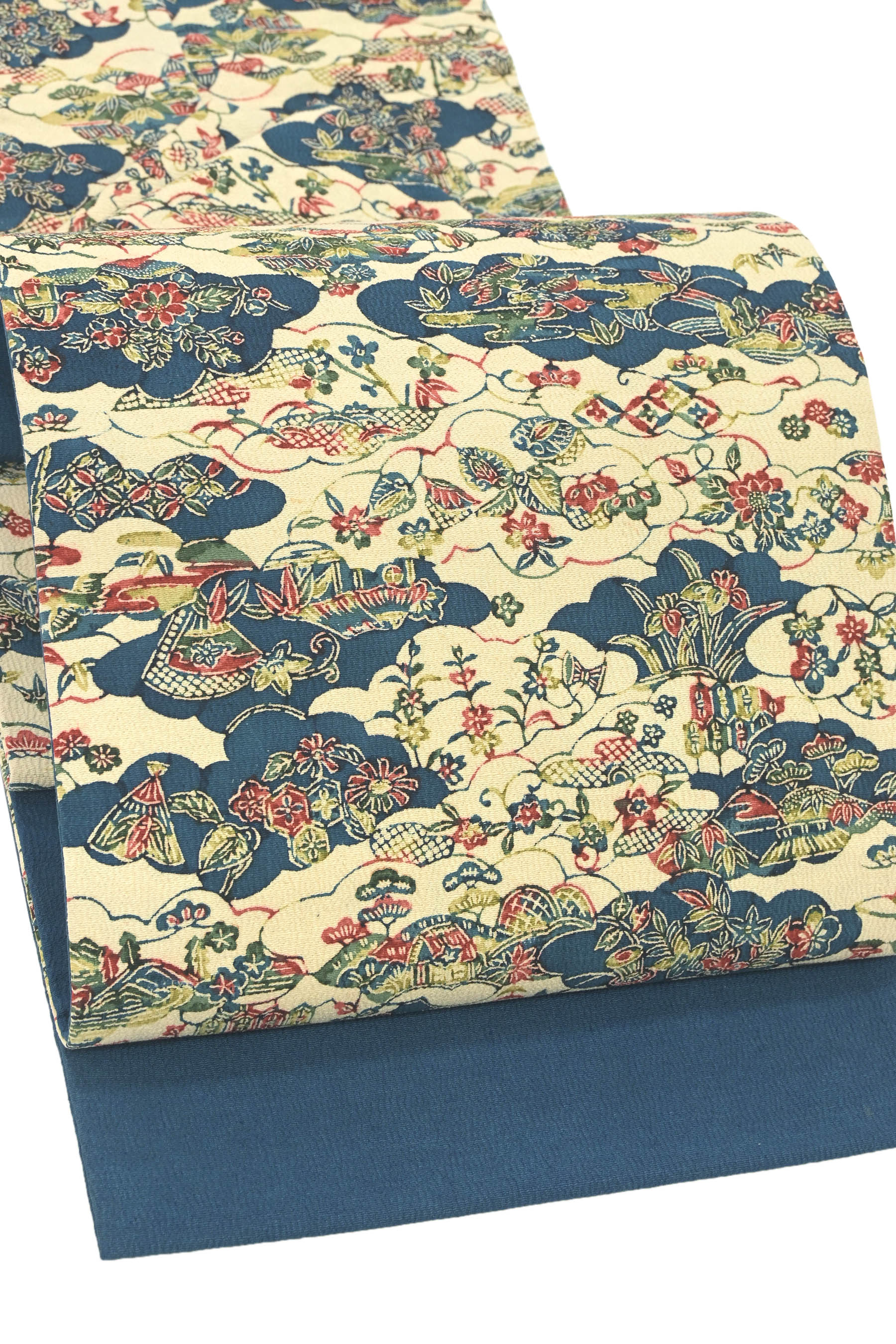 正絹型染九寸名古屋帯 三越クレープ地 ≪御仕立てもの売り上げ高・中古品≫ 「雲取彩花茶屋辻図」 民芸的なひな形