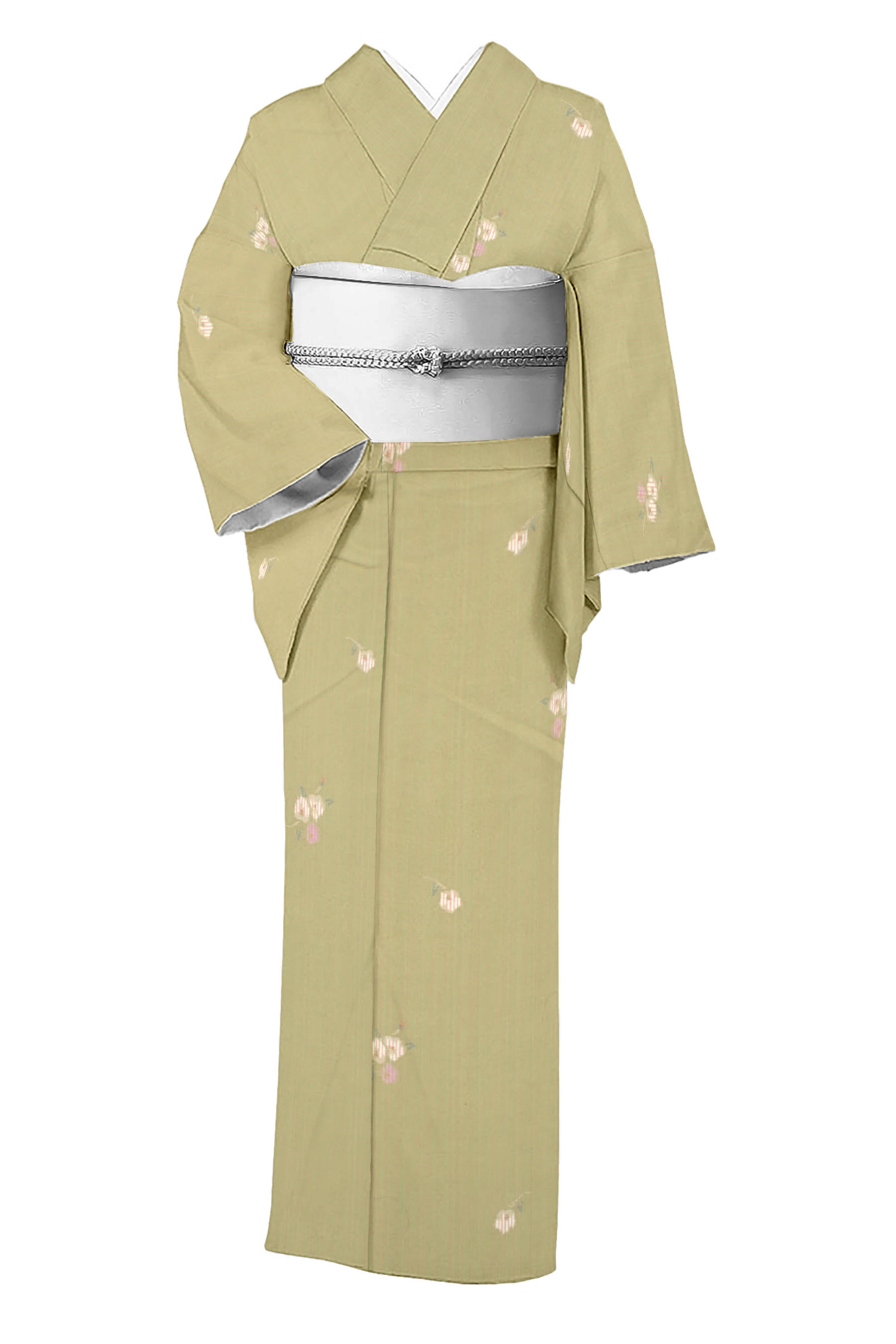 【十日町紬】≪お仕立て上がり・中古美品≫ 創作正絹絵絣手織り紬 「縞に椿」 ☆小粋なシルエット！ お洒落な着姿を… 【身丈151.5 裄62.5】