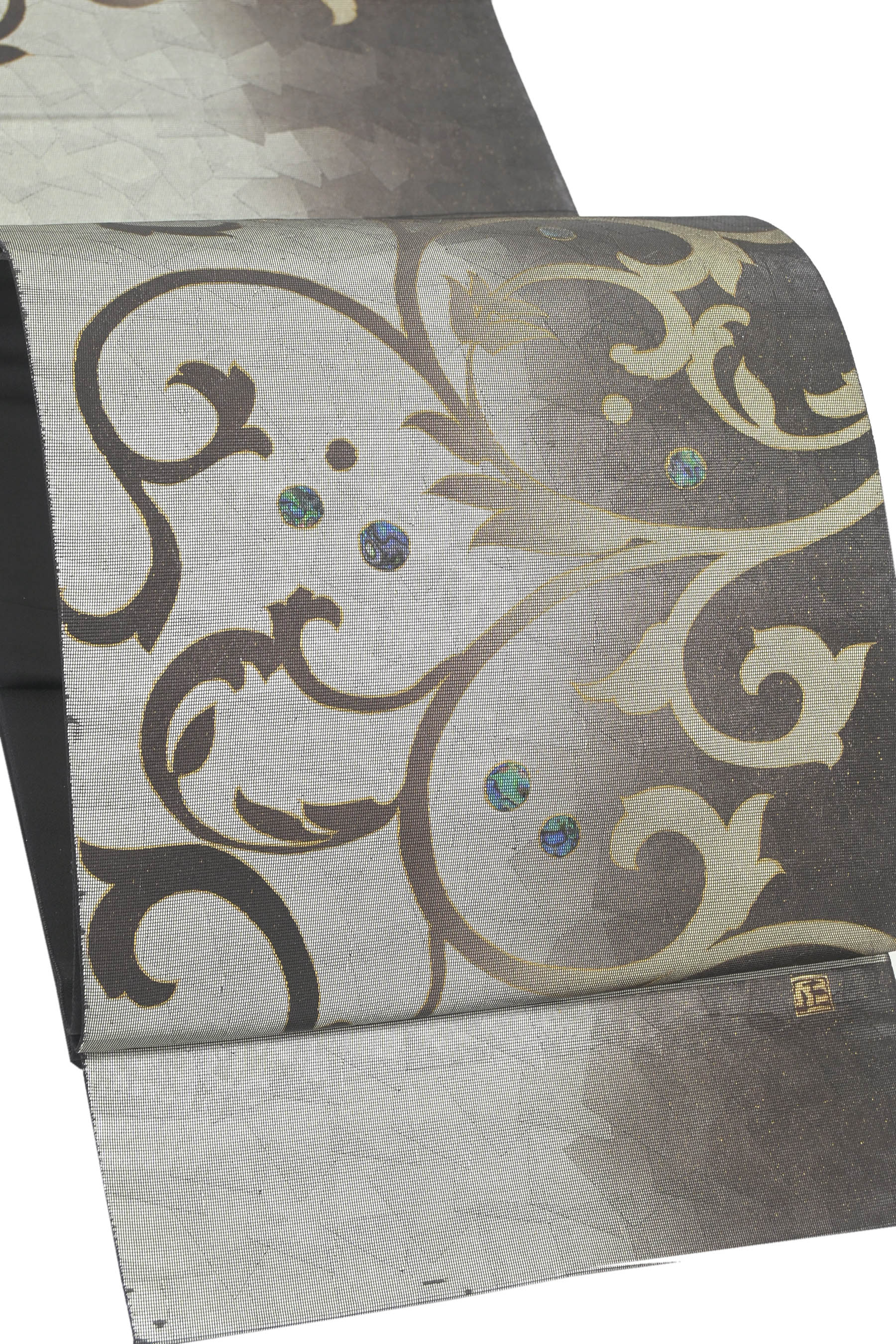 【20％OFFクーポン券客体】【百貨店掘り出し物！】【螺鈿芸術絵描き 佐野正喜】 〈お仕立てもの売り上げ金・中古品〉 特選螺鈿引箔袋帯 「螺鈿唐草」 素晴らしい気どらずにの煌めき！
