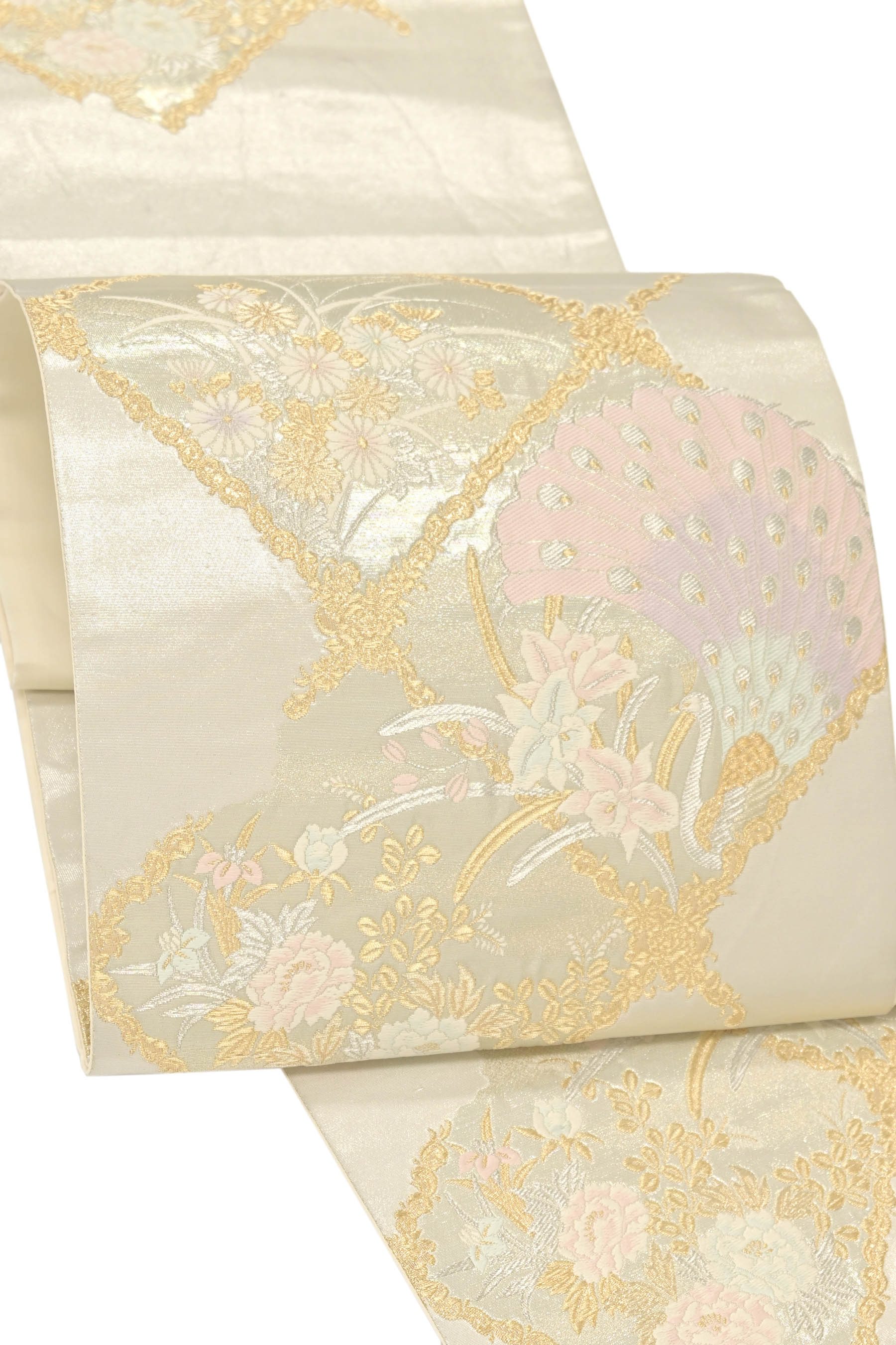 【20％OFF引き換え証客体】【お仕立てもの売り上げ高・中古品】特選正絹袋帯 「華にクジャク」 ☆冴え渡る感覚！ すっきり、雅びやかなる上品さを纏って...