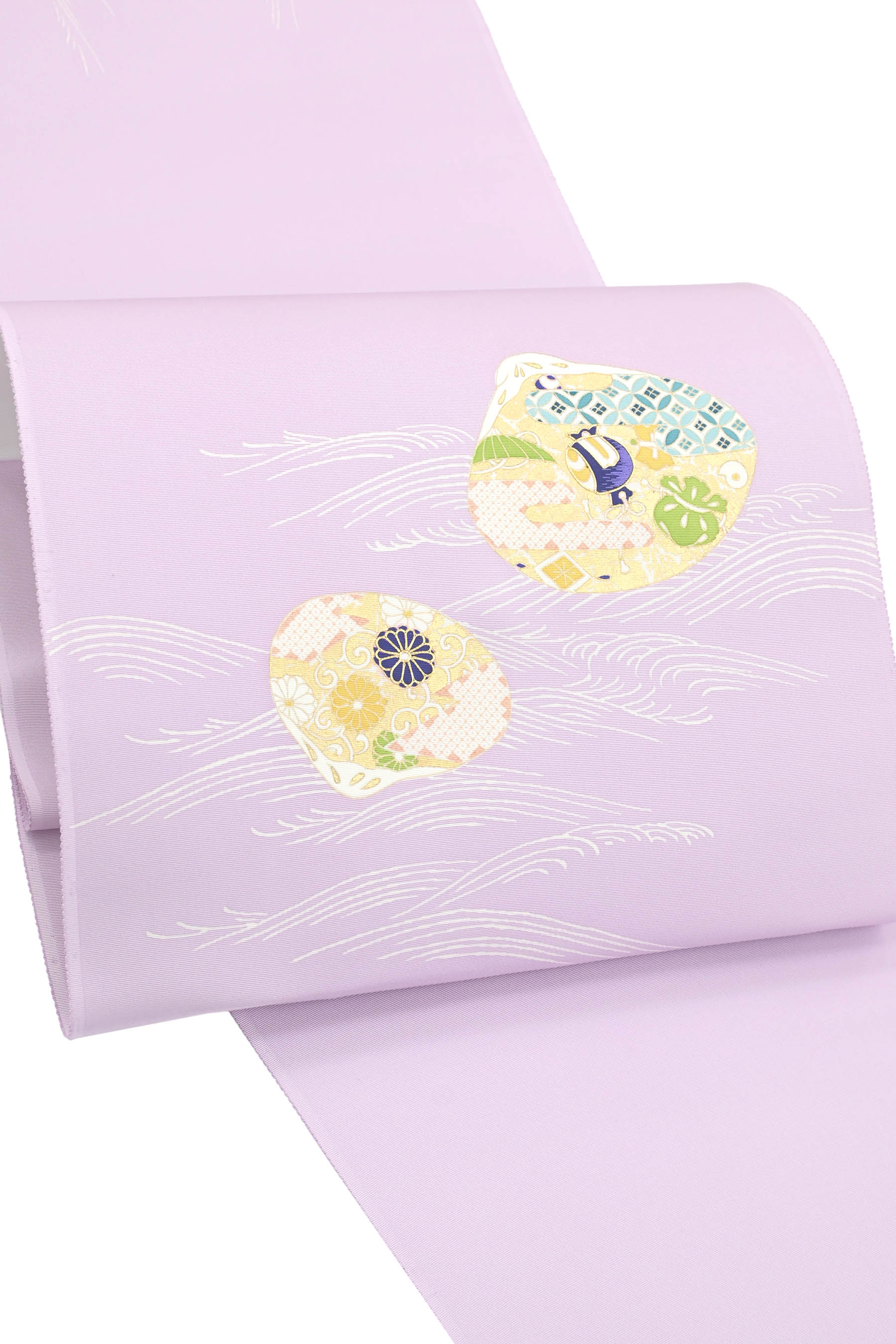 ※まさかの時かた付ける！【水無月の店卸し資産かた付ける！】【購入者別注品】 【京の芸術染匠】 本墨付き友禅九寸名古屋帯 ＜重目駒々塩瀬地＞ 「貝取り合わせに波」 これぞ芸術染匠の色つや！ 御前上等の友禅美！