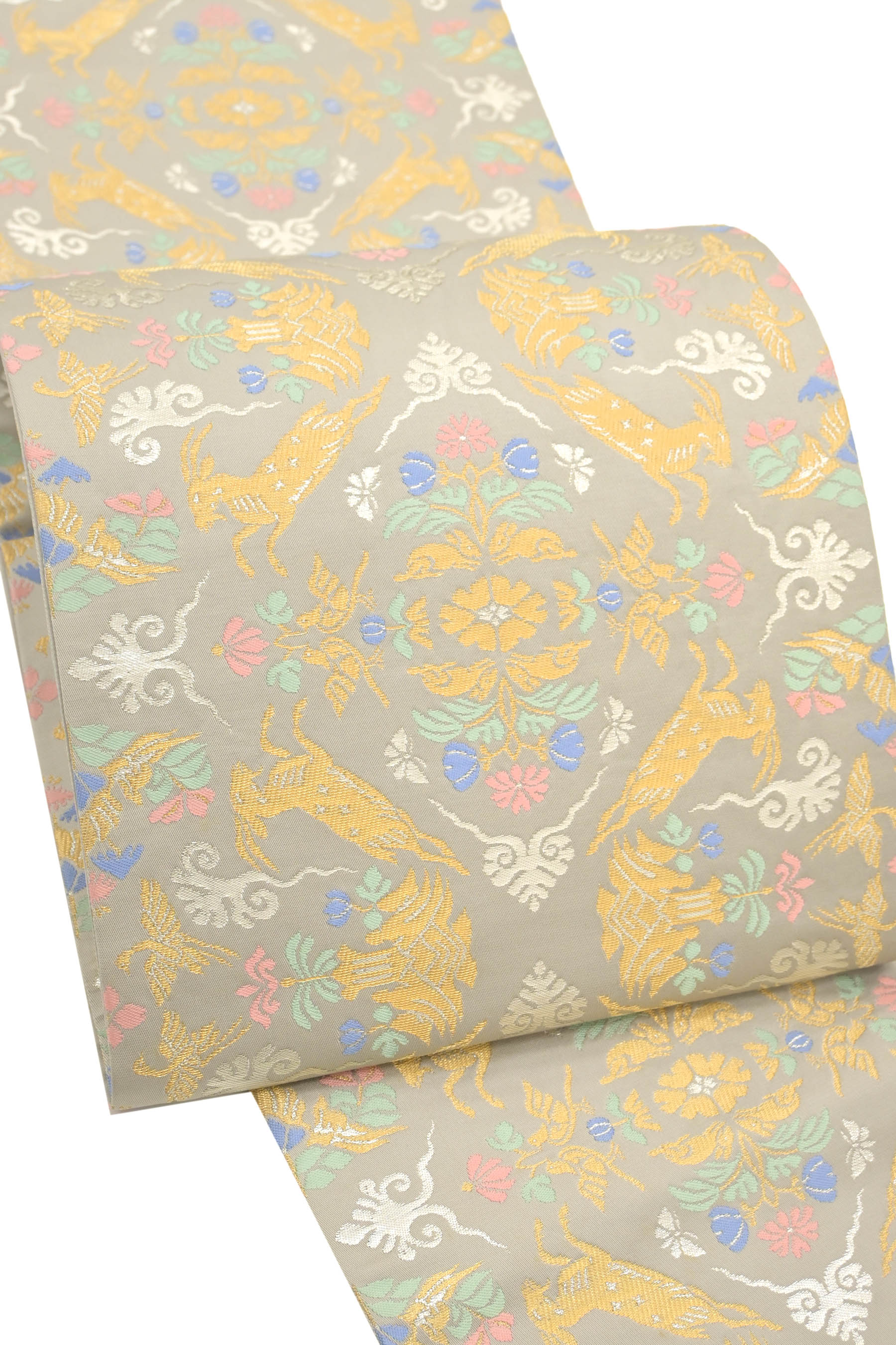 【20％OFFクーポン券客体】 【龍村晋】 特選芸術全通袋帯 ≪御仕立てもの売り上げ高・中古美品≫ 「竿秤走羊花草文錦」 しっかり高尚さを醸し出す… 美しきフォーマル帯！