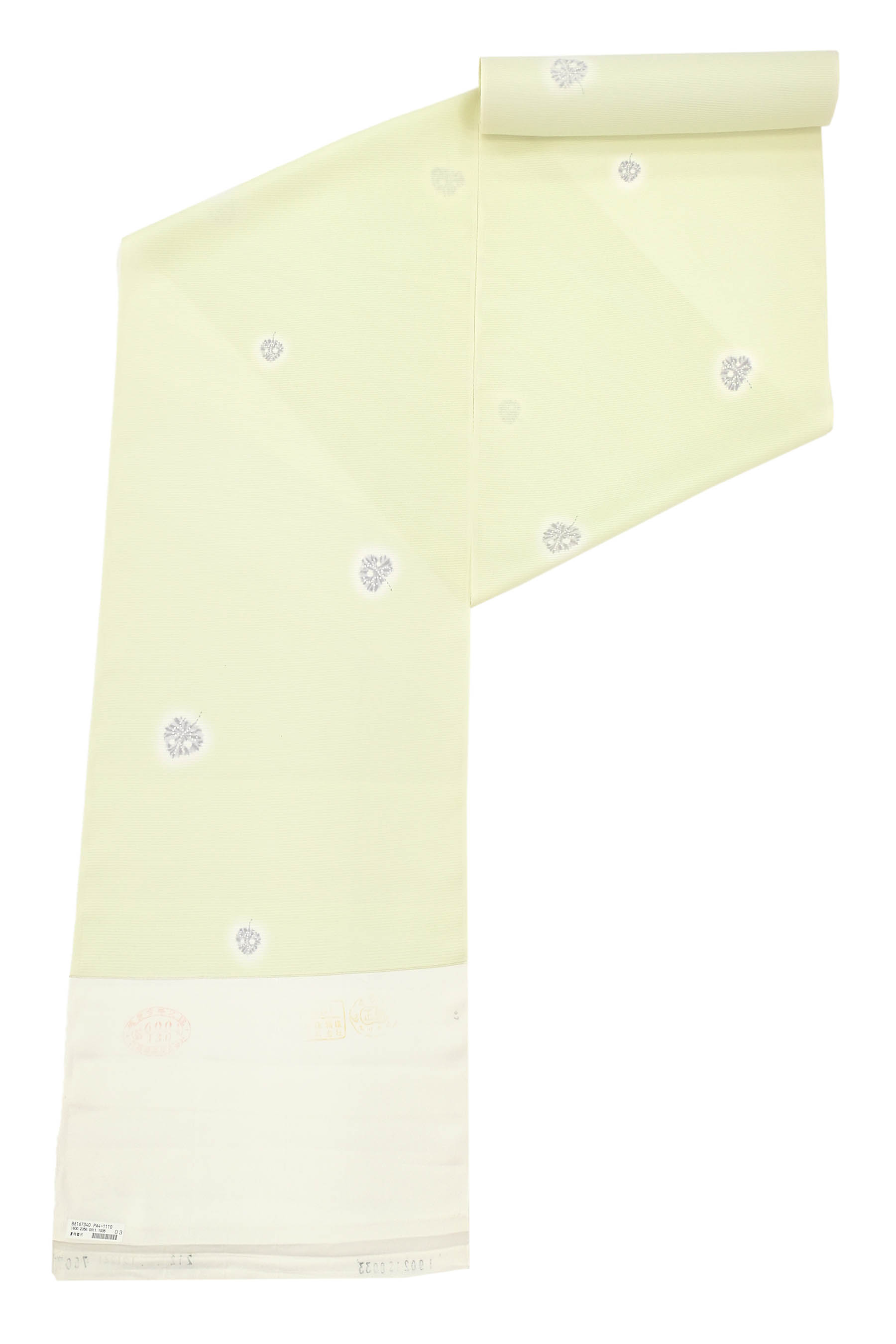 【20％OFFクーポン券客体】【夏物】 【京の染匠】 正絹京染絽小紋着尺 「葉っぱ散らし広告・薄白萌黄色」 招涼の原料品感 夏のおでかけなどに