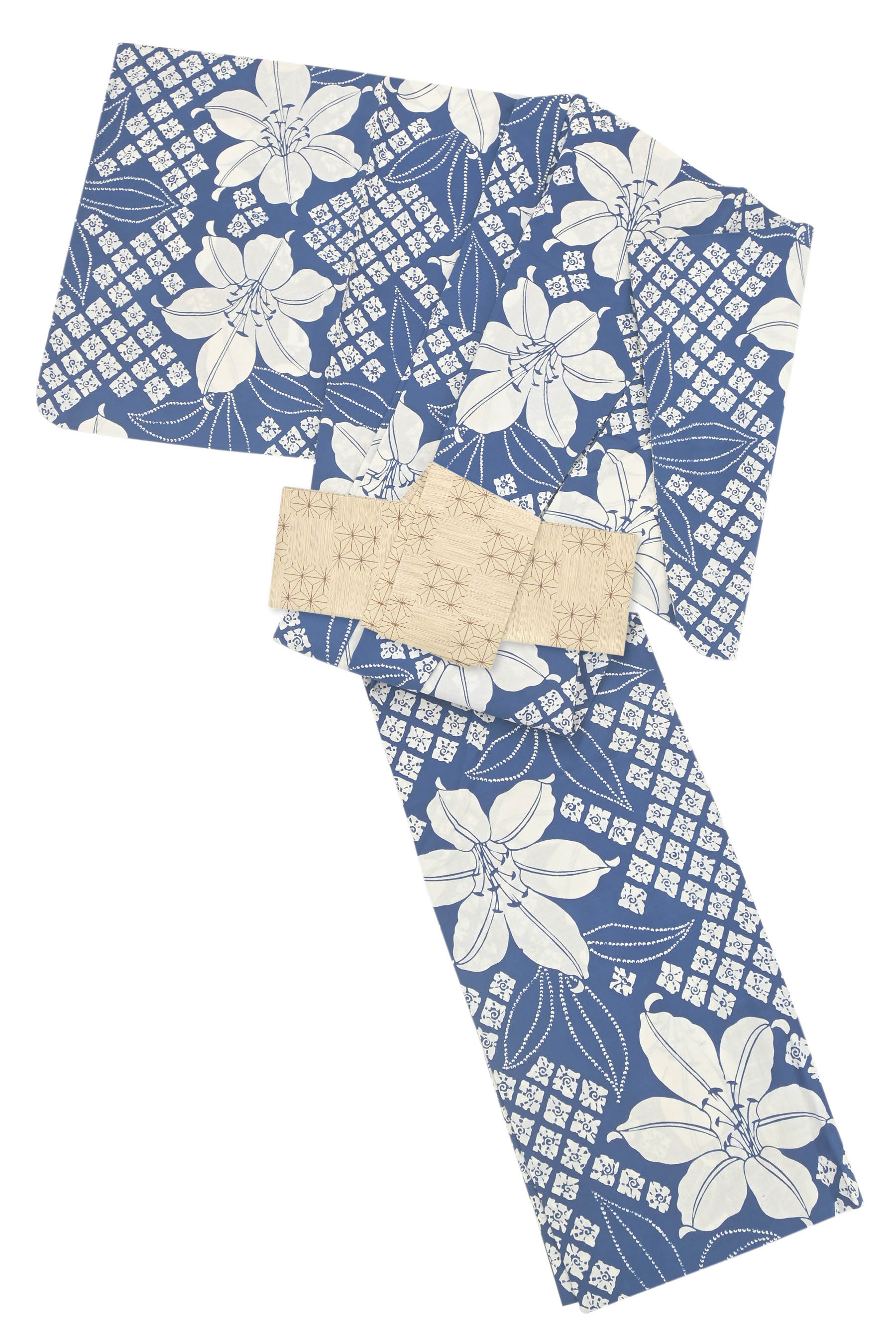 小柄な方に！ 【上質浴衣・帯セット】（仕立て上がり・中古品/中古美品）【夏・浴衣】 注染綿浴衣 「疋田渦巻に百合」 本場博多織半巾帯（小袋帯） 「市松麻の葉」 ☆身丈149.5　裄63.5