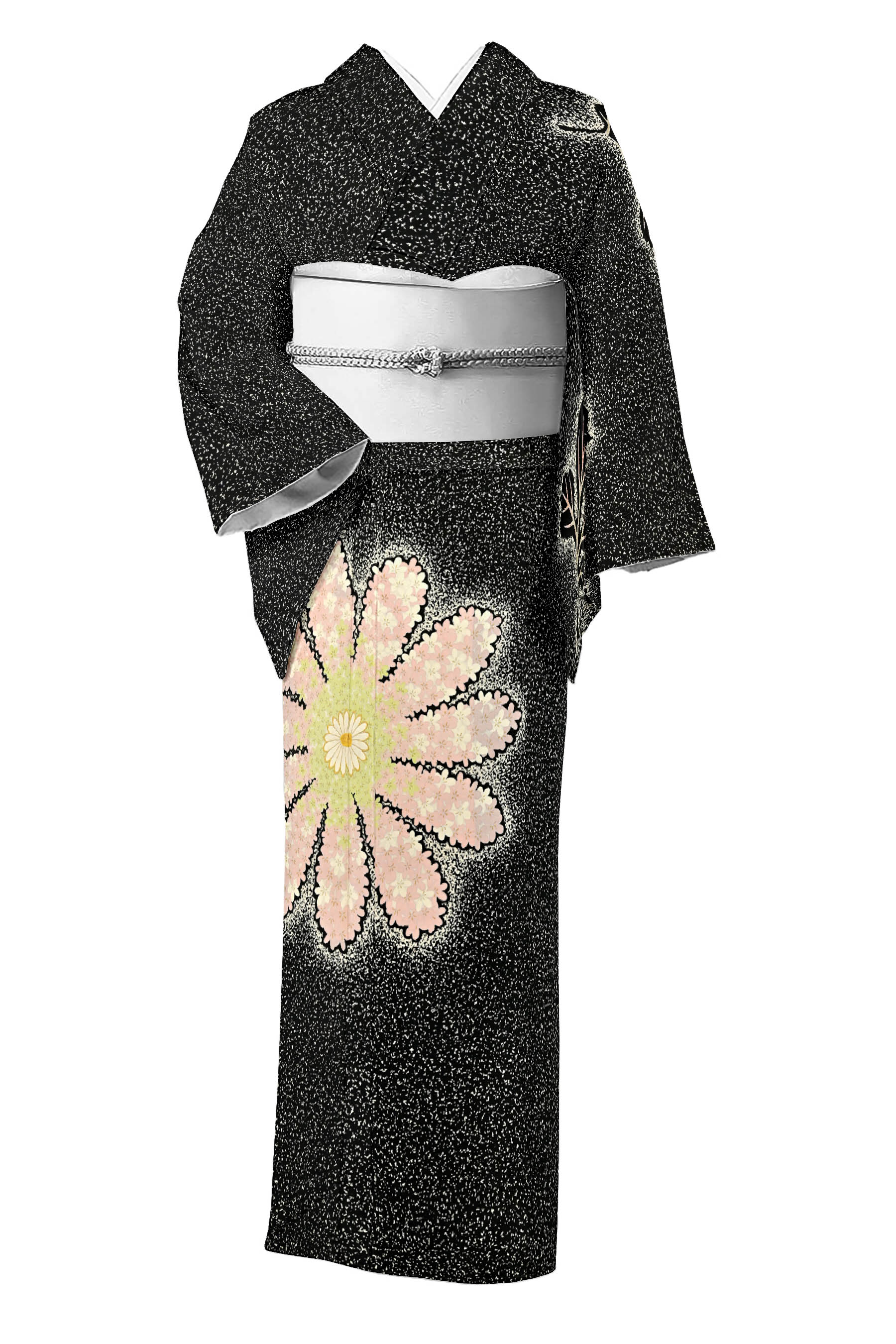 送料無料　モノトーン　白×黒×金　辻ヶ花柄　染め分け　撒き糊　訪問着　身丈160cm裄66.5cm　正絹　美品　共八掛　やや細身 追加画像あり