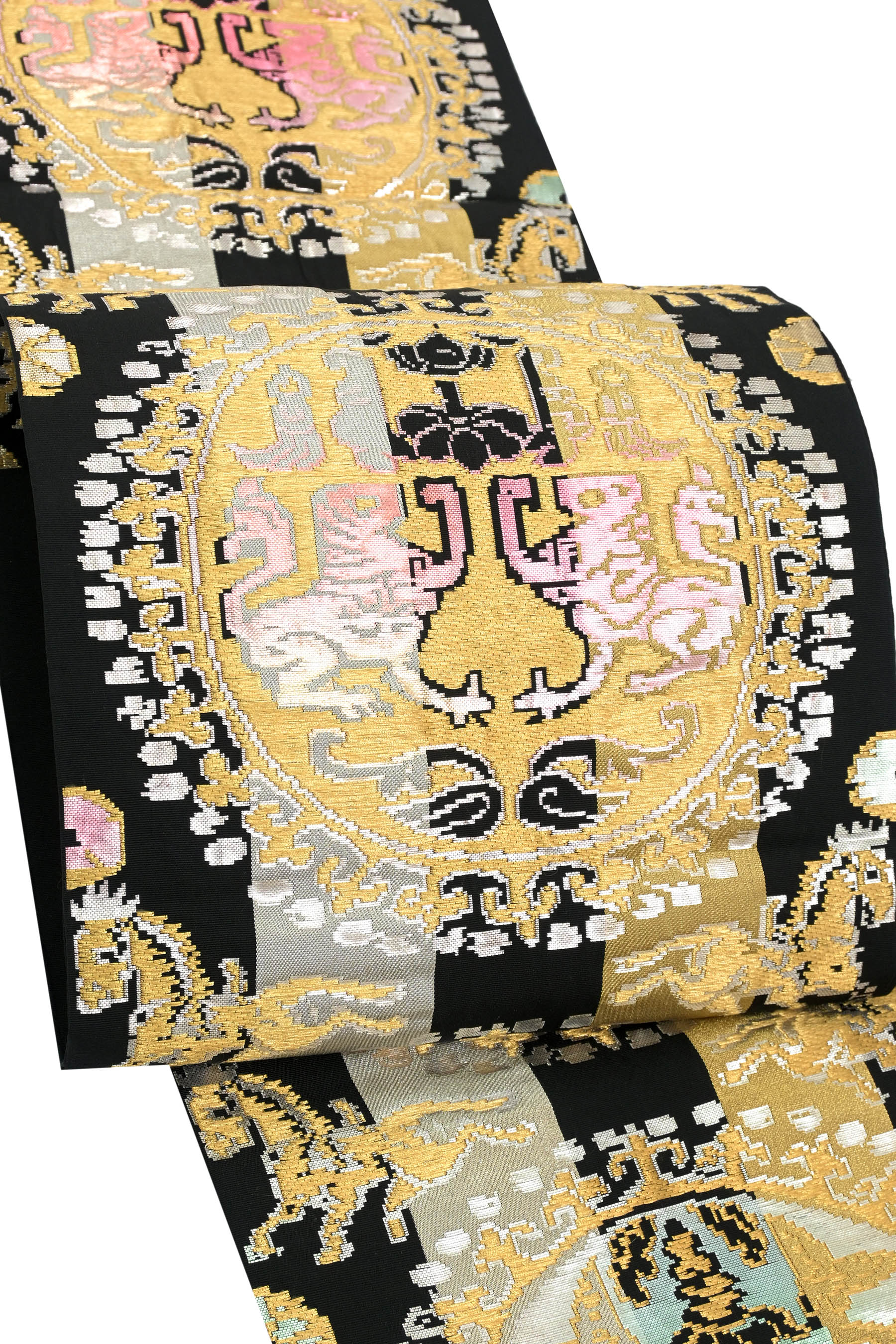 【龍村平蔵製】 名篇手織り工藝本袋帯 ≪御仕立てもの売り上げ高・中古美品≫ 「円文白虎錦・黒」 圧倒的な御出でになる感… 平蔵製の中でも屈指の一般受け柄！